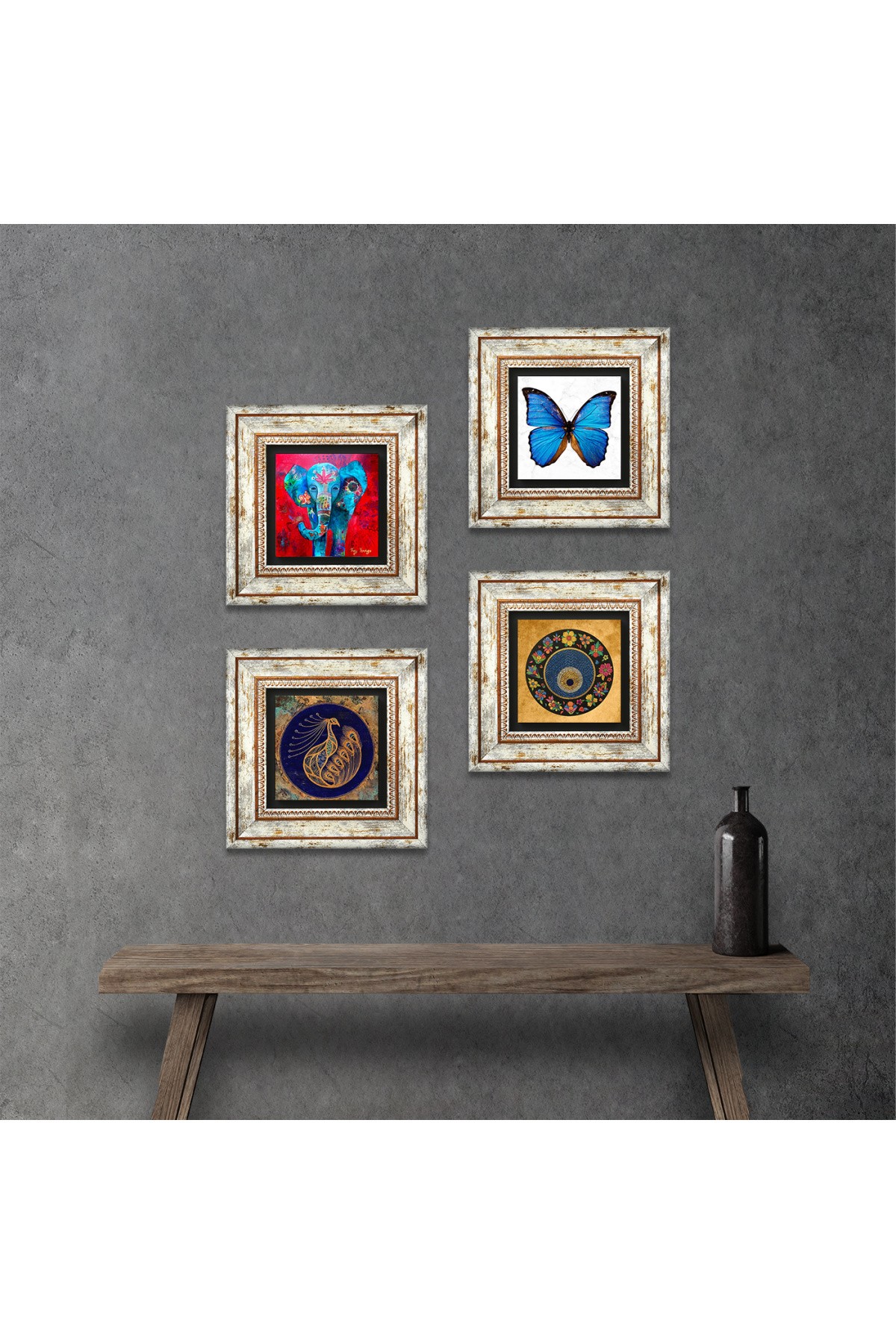 Butterfly, Elephant, Peacock, Evil Eye Stone Wall Painting Framed Wall Decor 4 Piece Painting Set Wall Art