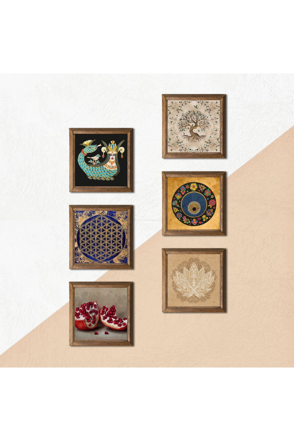 Lotus Çiçeği, Yaşam Çiçeği, Nazar, Şahmeran, Hayat Ağacı, Nar Taş Duvar Tablosu Ahşap Çerçeveli Duvar Dekoru 6 Parça Tablo Seti Wall Art