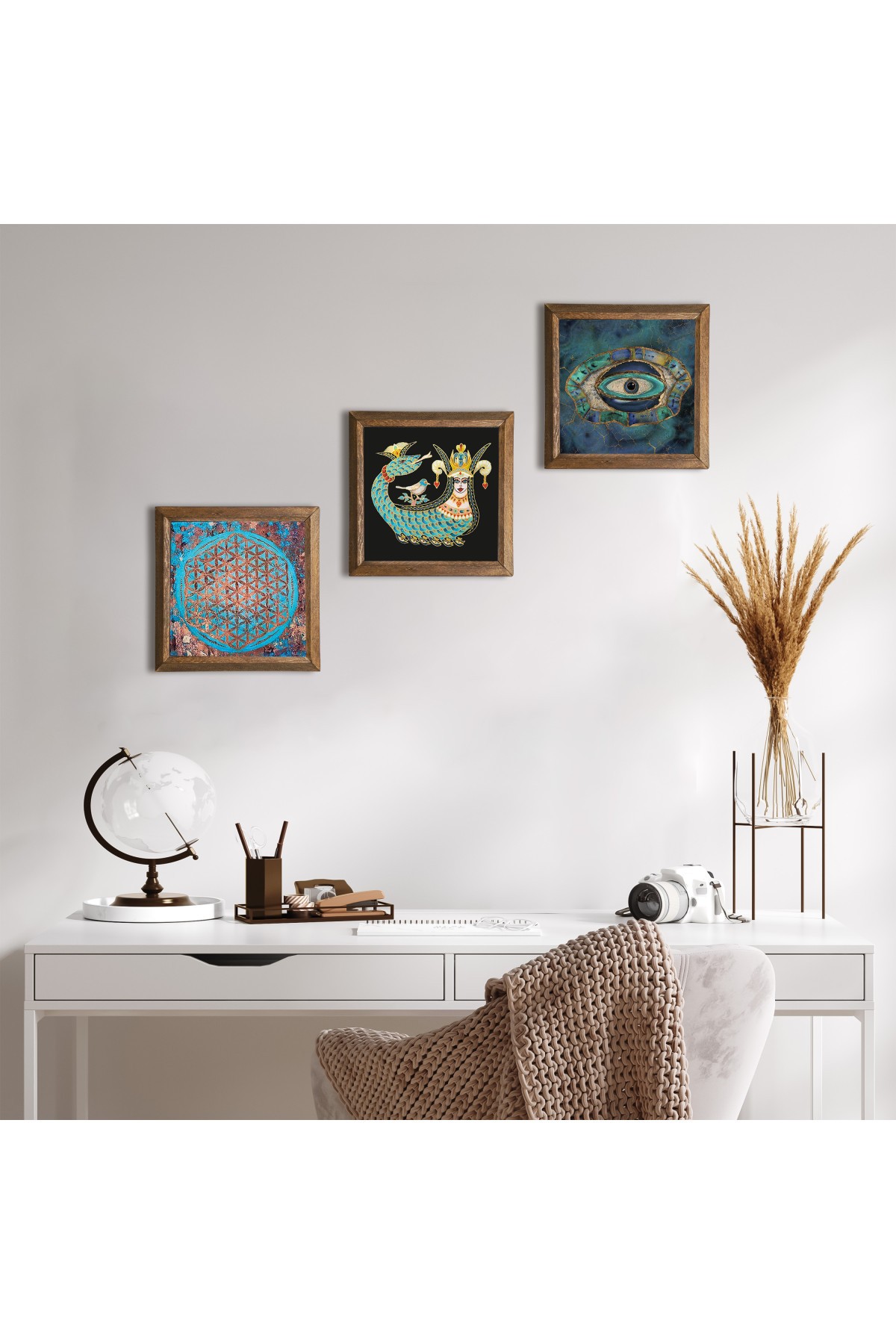 Evil Eye, Flower of Life, Shahmaran Stone Wall Painting Wooden Framed Wall Decor 3 Piece Painting Set Wall Art