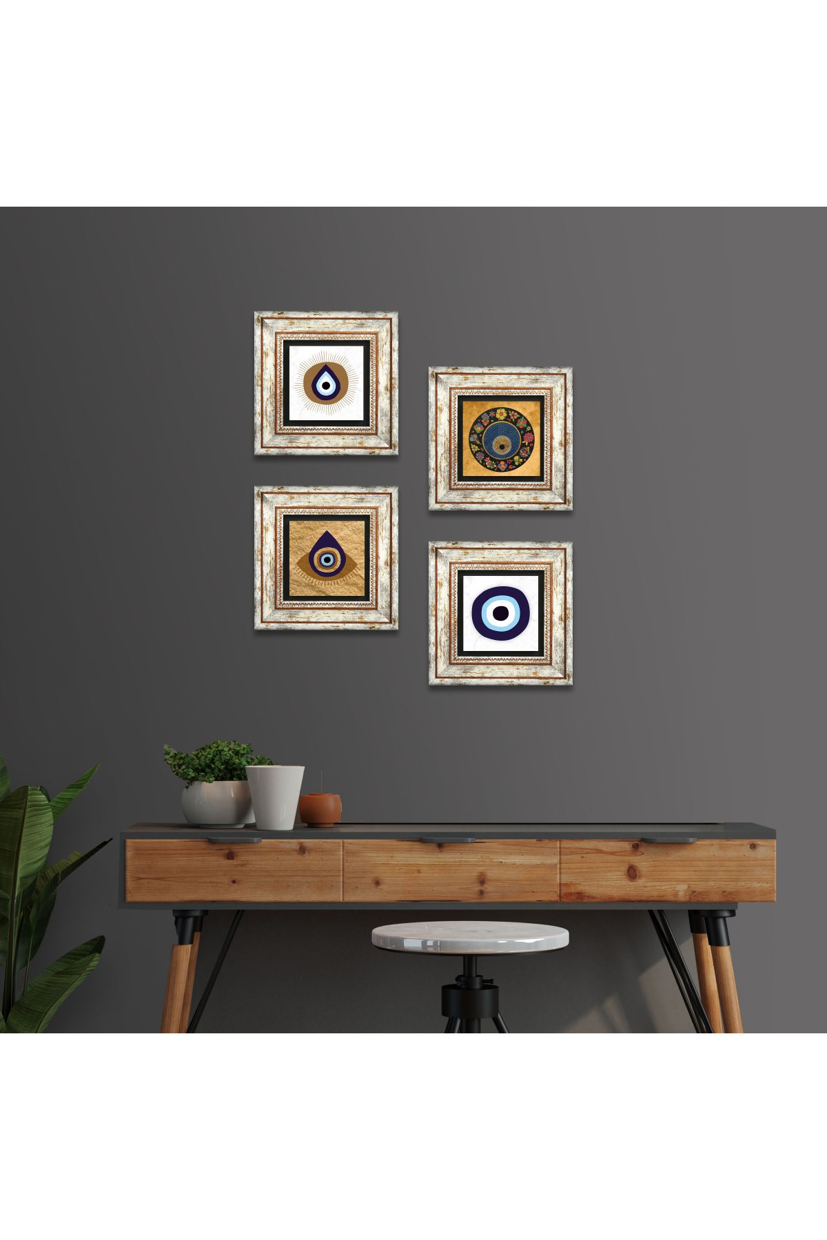 Nazar Taş Duvar Tablosu Çerçeveli Duvar Dekoru 4 Parça Tablo Seti Wall Art