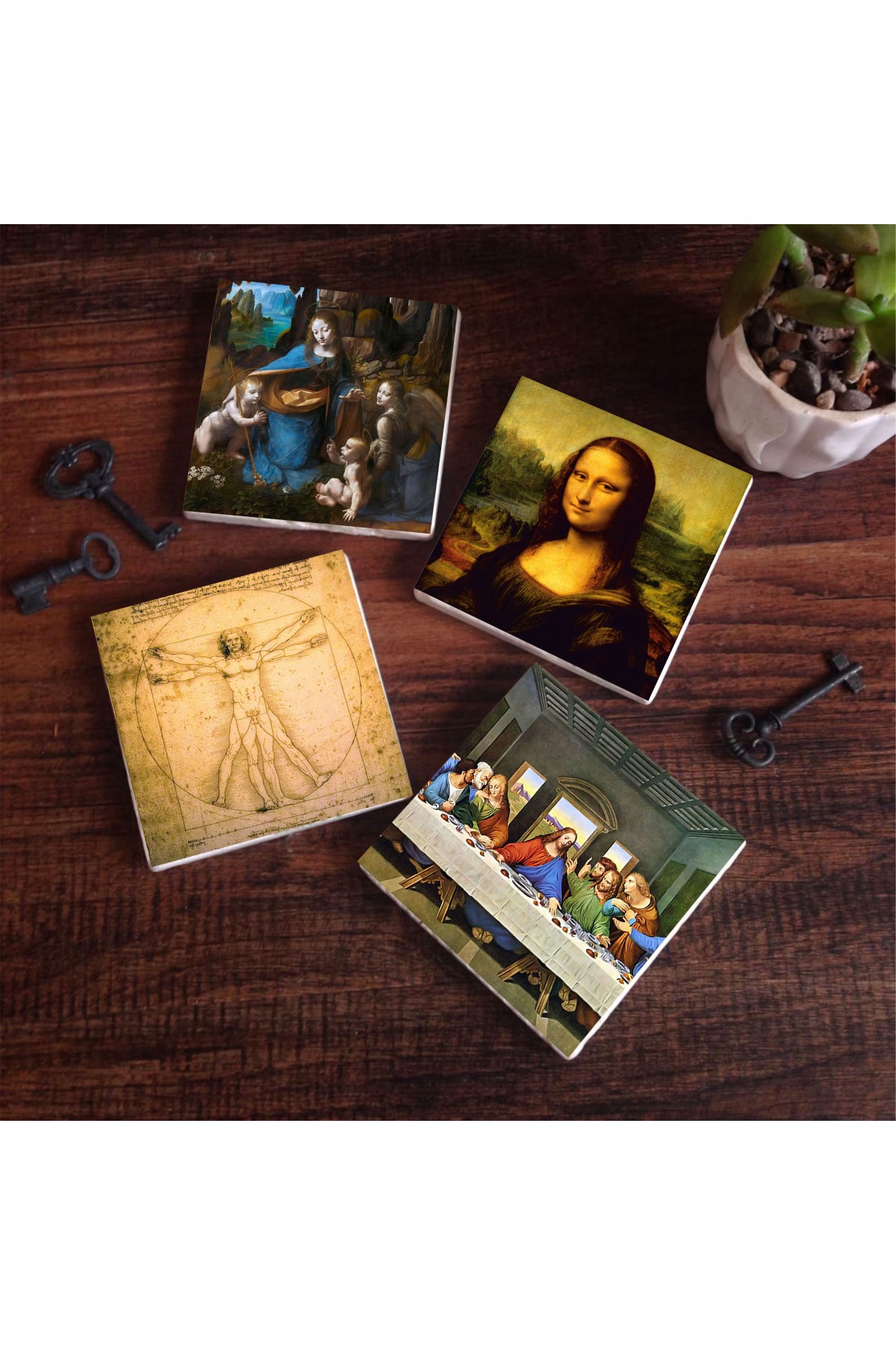 Da Vinci Son Akşam Yemeği, Kayalıklar Bakiresi, Mona Lisa, Vitruvius Adamı Taş Bardak Altlığı Masaüstü Koruyucu Altlık 4 Parça Set 10x10cm Stone Coasters