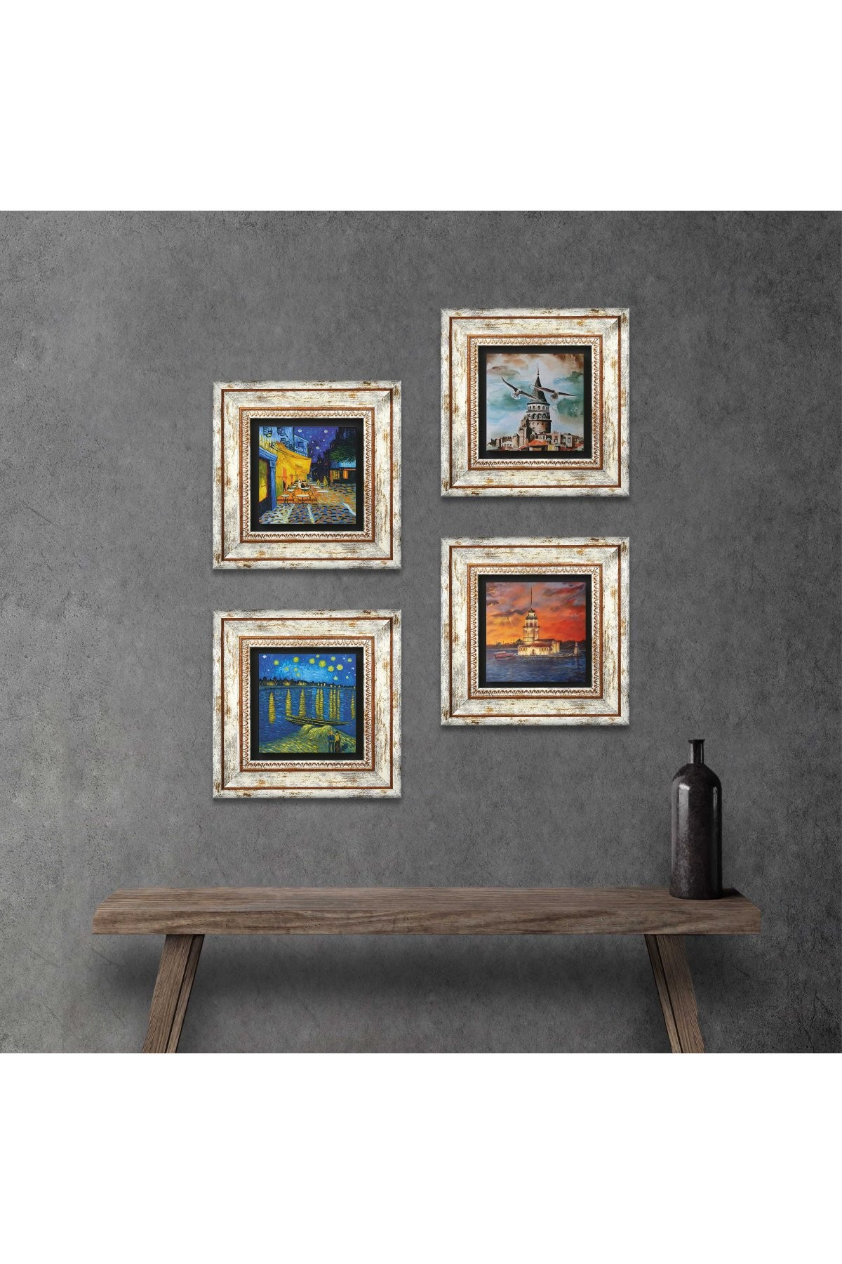 Van Gogh, Istanbul Galata Tower, Maiden's Tower Stone Wall Painting Framed Wall Decor 4 Piece Painting Set Wall Art