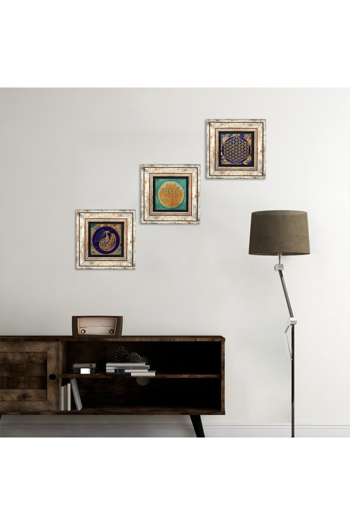 Lotus Çiçeği, Tavus Kuşu, Yaşam Çiçeği Taş Duvar Tablosu Çerçeveli Duvar Dekoru 3 Parça Tablo Seti Wall Art