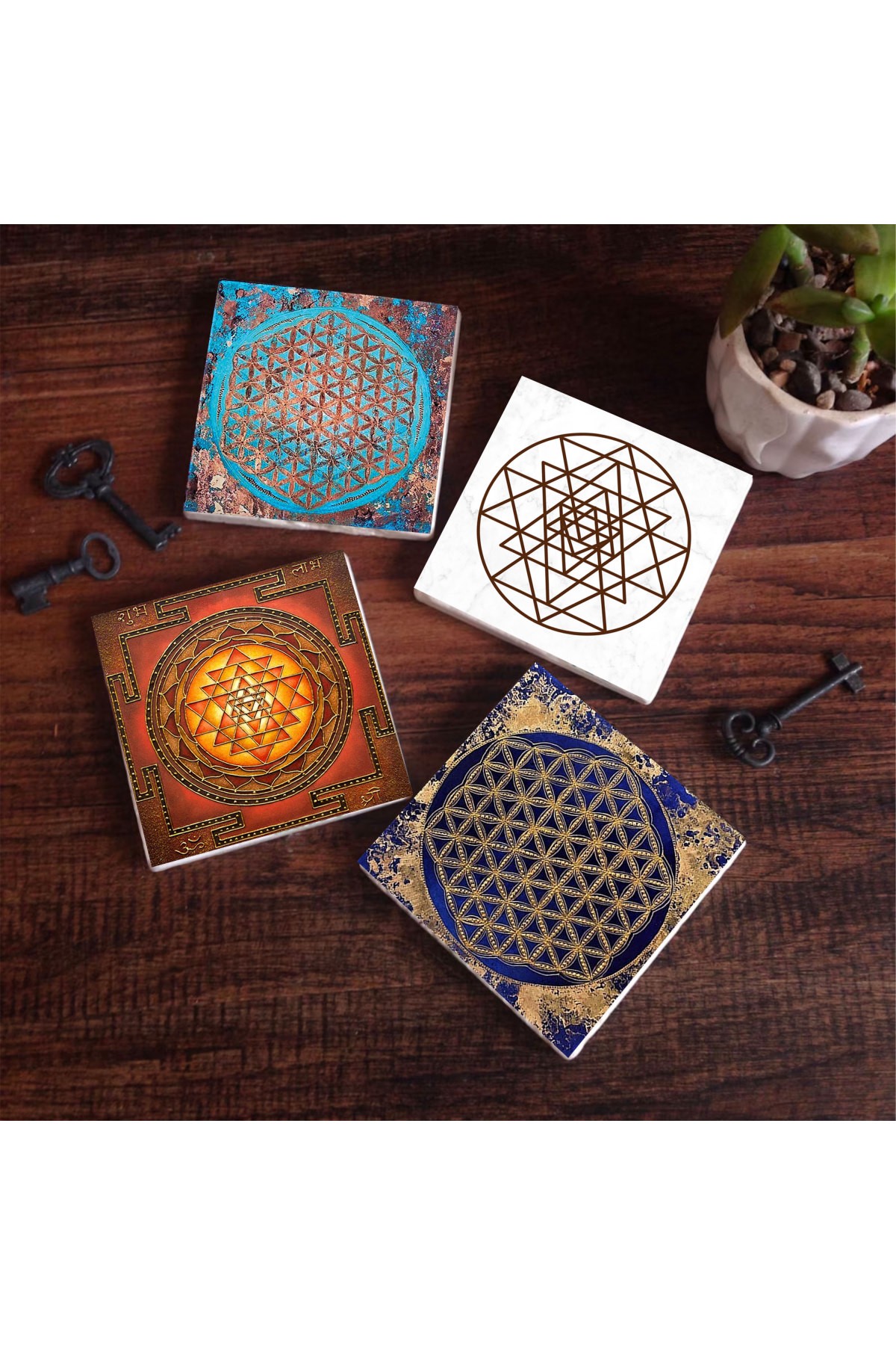 Flower of Life, Sri Yantra Stone Coasters Desktop Protective Coasters 4 Piece Set 10x10cm Stone Coasters