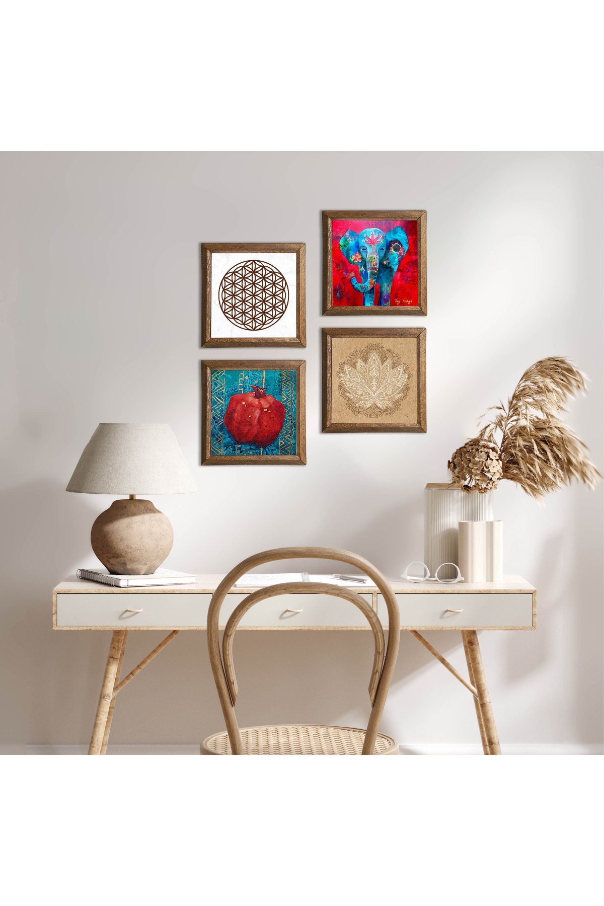 Fil, Lotus Çiçeği, Yaşam Çiçeği, Nar Taş Duvar Tablosu Ahşap Çerçeveli Duvar Dekoru 4 Parça Tablo Seti Wall Art