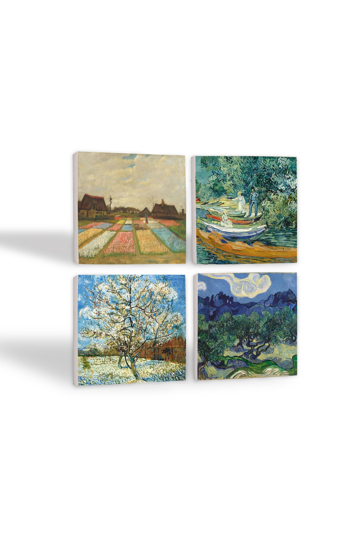 Van Gogh Zeytin Ağaçları, Şeftali Ağacı, Lale Tarlaları, Oise Bankası Taş Bardak Altlığı Masaüstü Koruyucu Altlık 4 Parça Set 10x10cm Stone Coasters