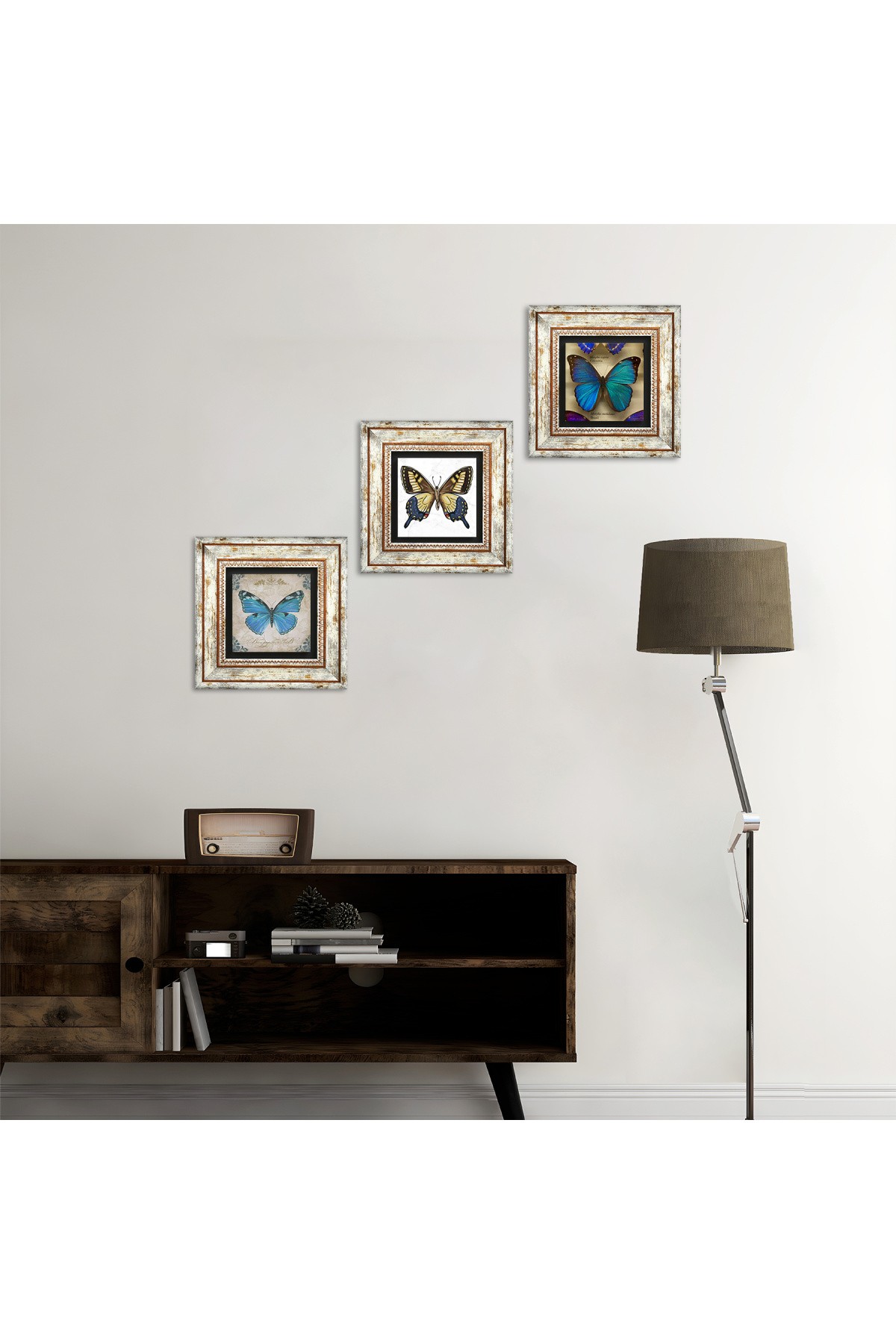 Kelebek Taş Duvar Tablosu Çerçeveli Duvar Dekoru 3 Parça Tablo Seti Wall Art