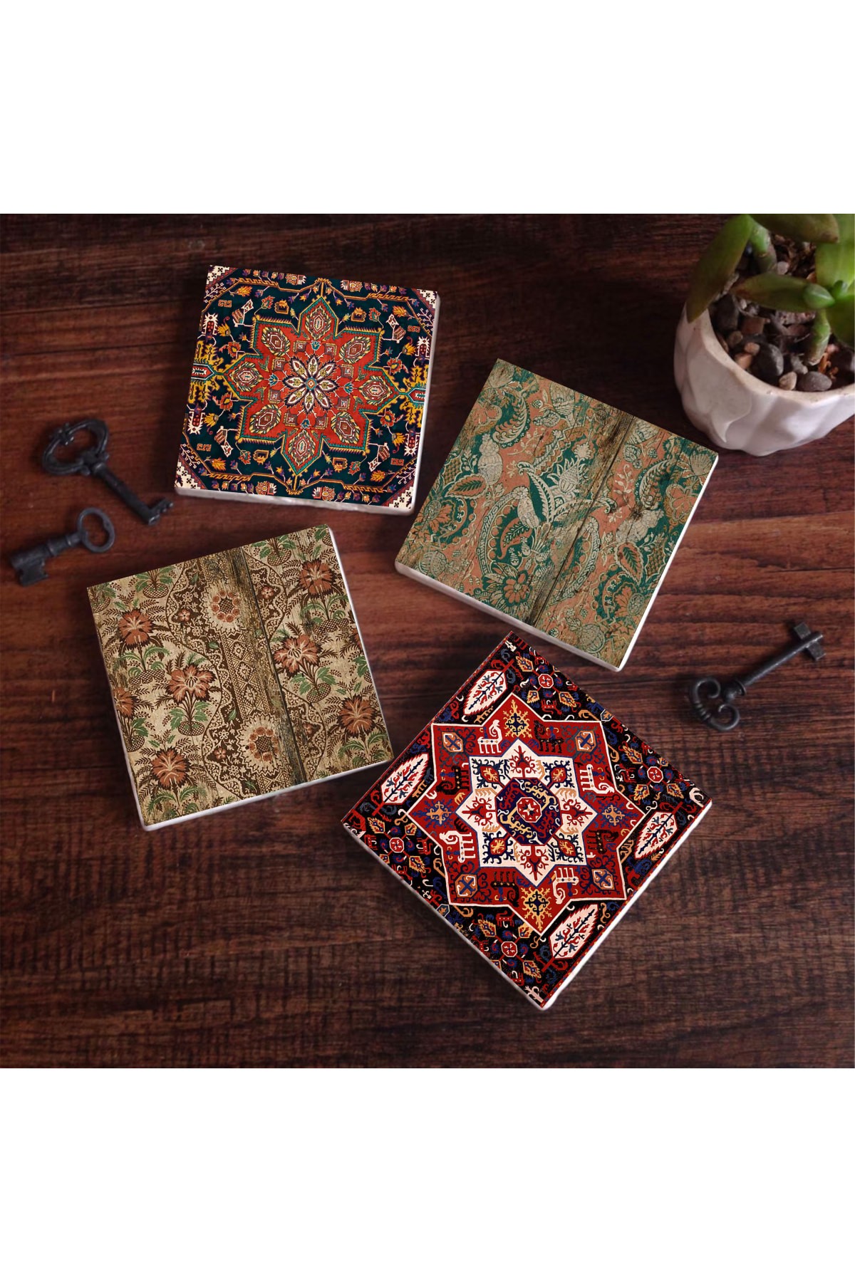 Vintage Desen Taş Bardak Altlığı Masaüstü Koruyucu Altlık 4 Parça Set 10x10cm Stone Coasters