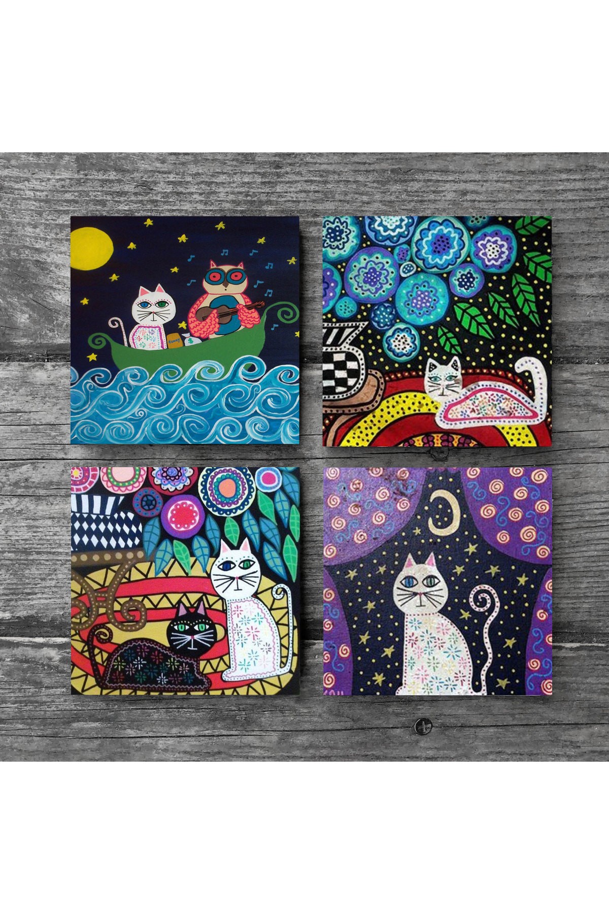 Kedi Taş Bardak Altlığı Masaüstü Koruyucu Altlık 4 Parça Set 10x10cm Stone Coasters