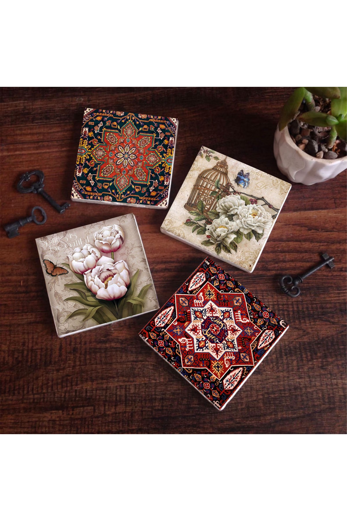 Desen, Kelebekli Çiçek Taş Bardak Altlığı Masaüstü Koruyucu Altlık 4 Parça Set 10x10cm Stone Coasters