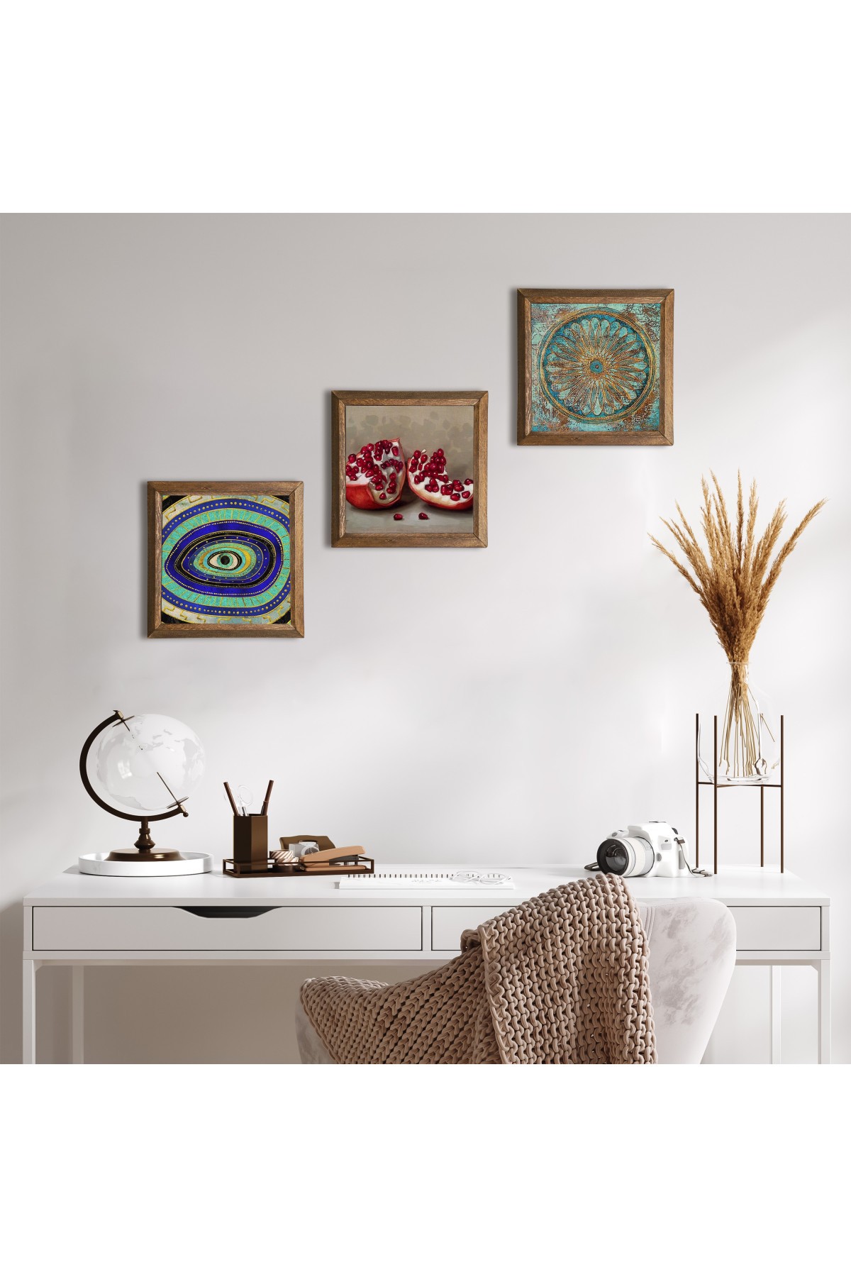 Evil Eye, Flower of Life, Pomegranate Stone Wall Painting Wooden Framed Wall Decor 3 Piece Painting Set Wall Art