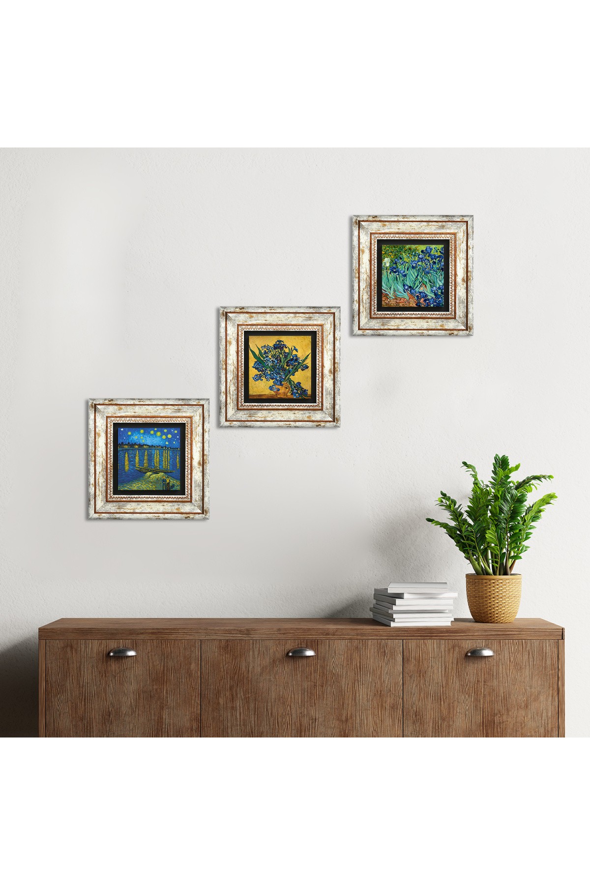 Van Gogh Ren Nehri’nde Yıldızlı Bir Gece, Süsenler, İrisler Taş Duvar Tablosu Çerçeveli Duvar Dekoru 3 Parça Tablo Seti Wall Art