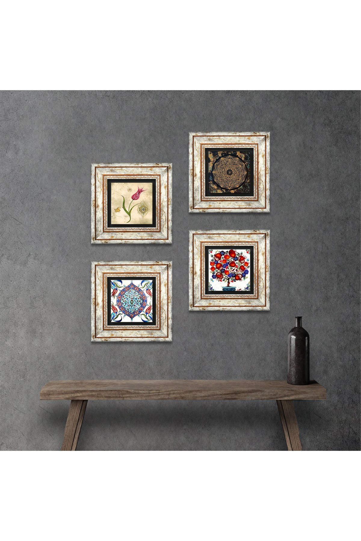 Sri Yantra, Tulip, Tile Art, Pomegranate Tree Stone Wall Painting Framed Wall Decor 4 Piece Painting Set Wall Art