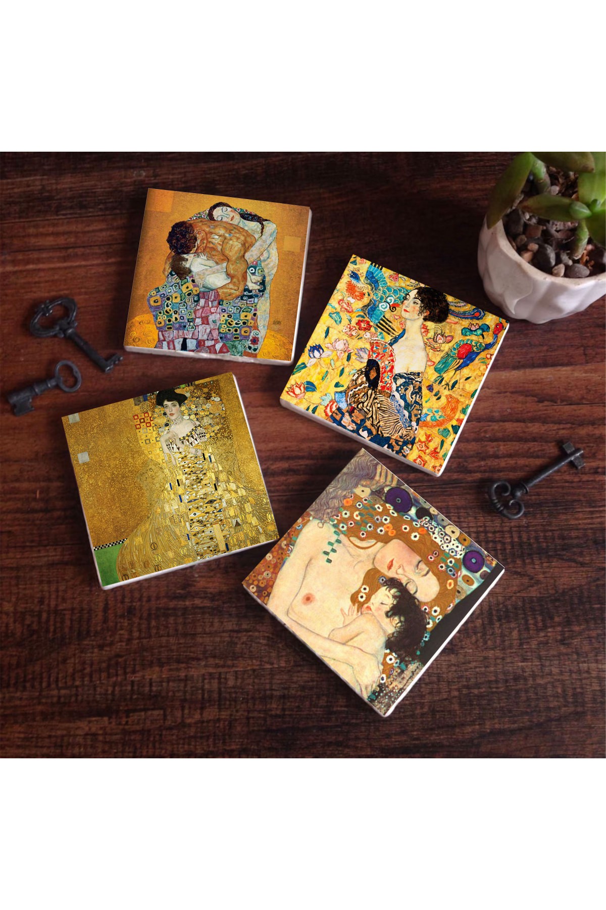 Gustav Klimt Yelpazeli Kadın, Bauer'in Portresi, Aile Kucaklama, Anne Çocuk Taş Bardak Altlığı Masaüstü Koruyucu Altlık 4 Parça Set 10x10cm Stone Coasters