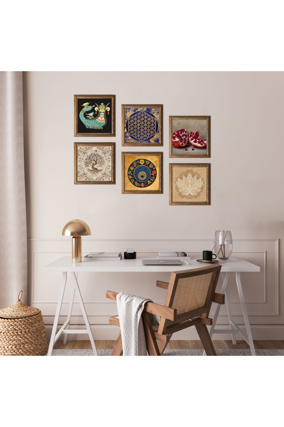 Lotus Çiçeği, Yaşam Çiçeği, Nazar, Şahmeran, Hayat Ağacı, Nar Taş Duvar Tablosu Ahşap Çerçeveli Duvar Dekoru 6 Parça Tablo Seti Wall Art