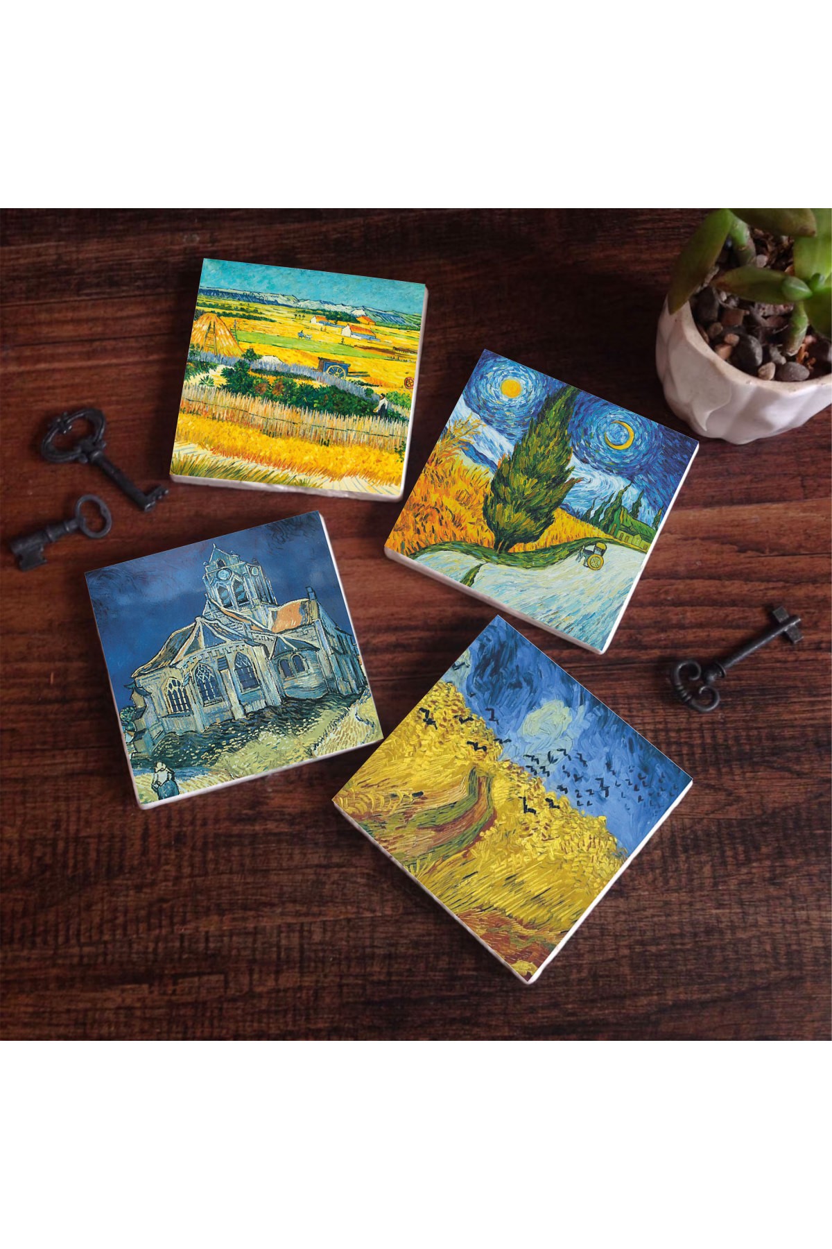 Van Gogh Hasat Manzarası, Yıldızlı Yol, Buğday Tarlası ve Kargalar, Kilise Taş Bardak Altlığı Masaüstü Koruyucu Altlık 4 Parça Set 10x10cm Stone Coasters