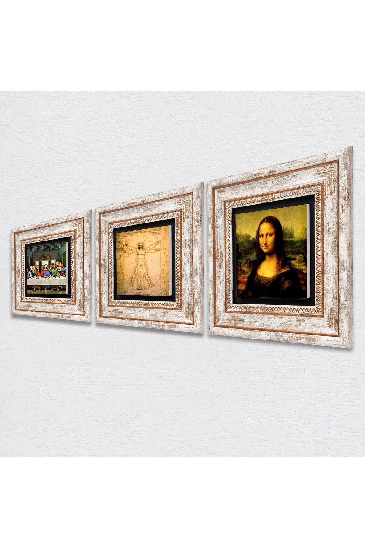 Da Vinci Son Akşam Yemeği, Mona Lisa, Vitruvius Adamı Taş Duvar Tablosu Çerçeveli Duvar Dekoru 3 Parça Tablo Seti Wall Art