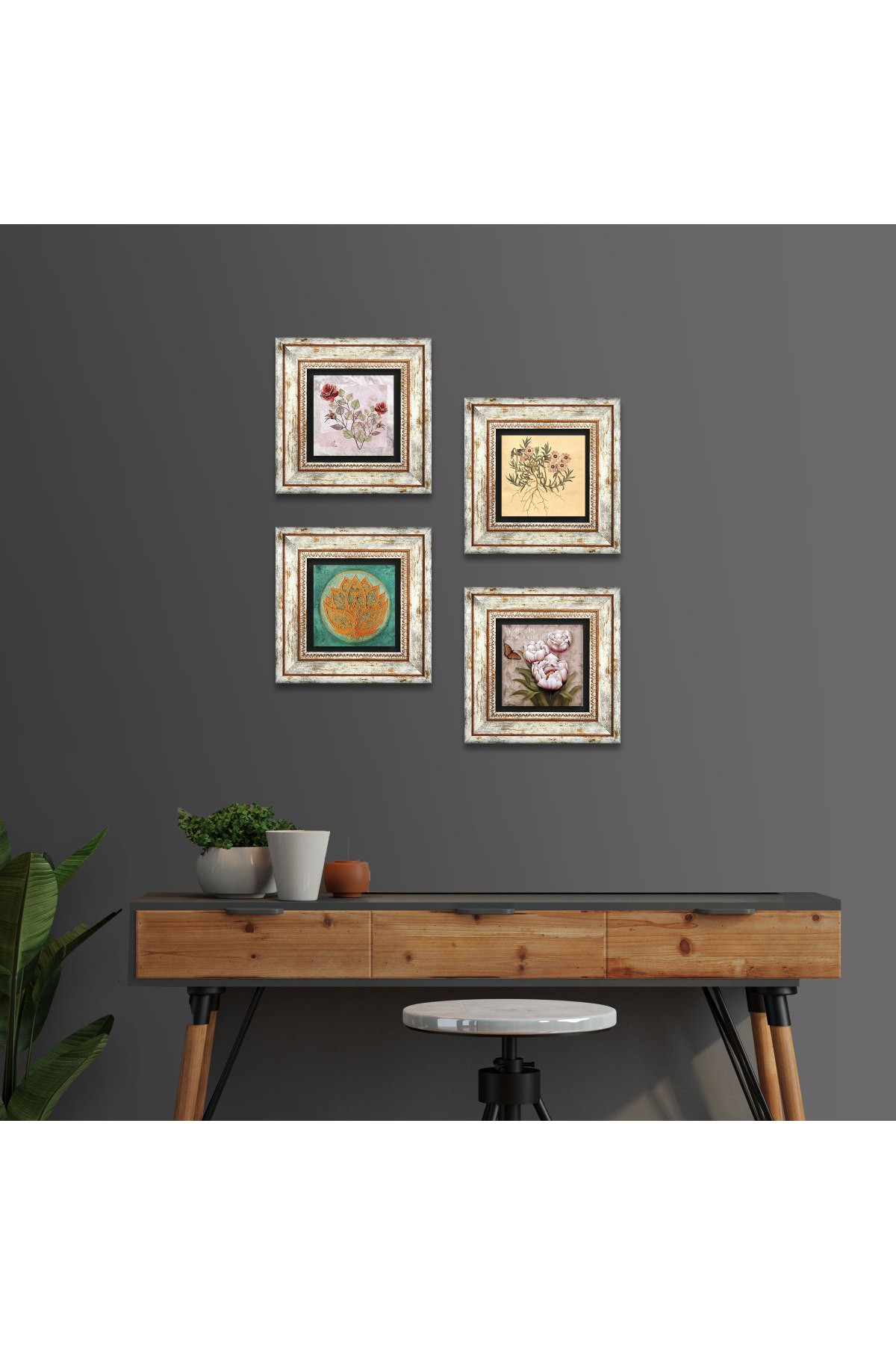 Gül, Vintage Çiçek, Lotus Çiçeği, Kelebekli Çiçek Taş Duvar Tablosu Çerçeveli Duvar Dekoru 4 Parça Tablo Seti Wall Art