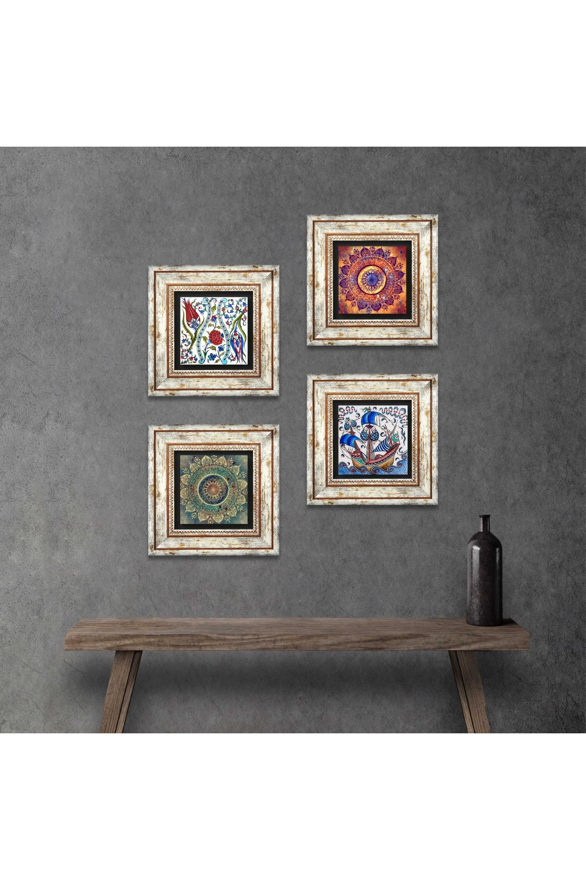 Mandala, Lale, Çini Sanatı Yelkenli Gemi Taş Duvar Tablosu Çerçeveli Duvar Dekoru 4 Parça Tablo Seti Wall Art