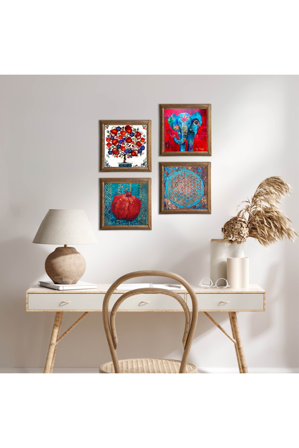 Elephant, Flower of Life, Pomegranate Tree, Pomegranate Stone Wall Painting Wooden Framed Wall Decor 4 Piece Painting Set Wall Art