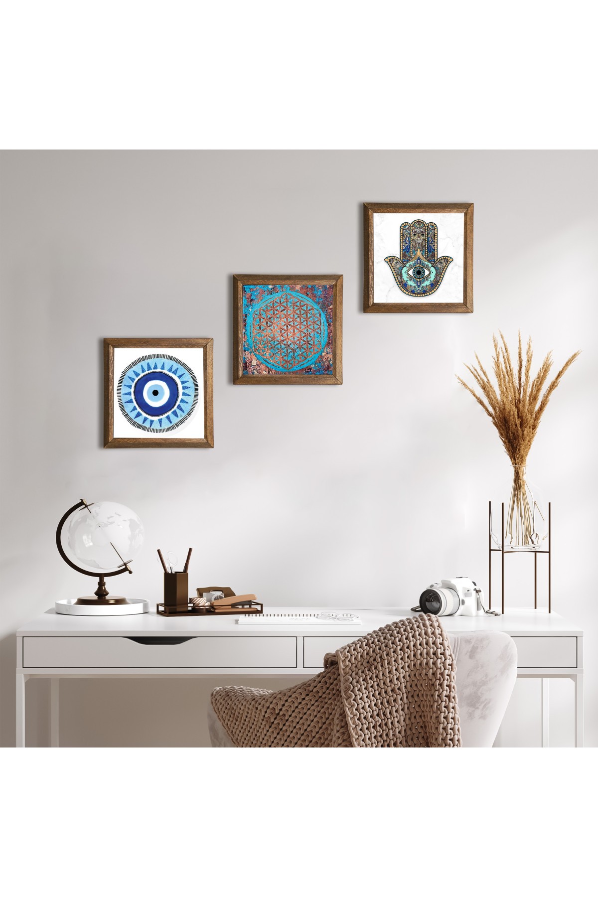 Evil Eye, Flower of Life, Hand of Mother Fatima (Hamsa) Stone Wall Painting Wooden Framed Wall Decor 3 Piece Painting Set Wall Art