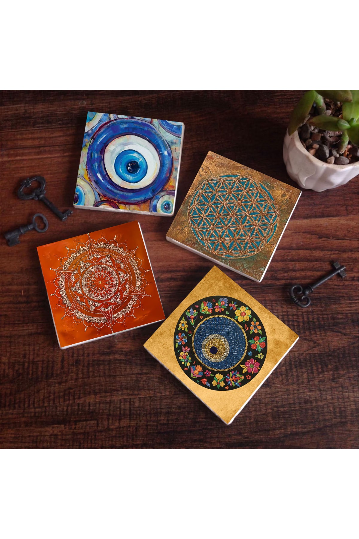 Nazar, Yaşam Çiçeği, Mandala Taş Bardak Altlığı Masaüstü Koruyucu Altlık 4 Parça Set 10x10cm Stone Coasters