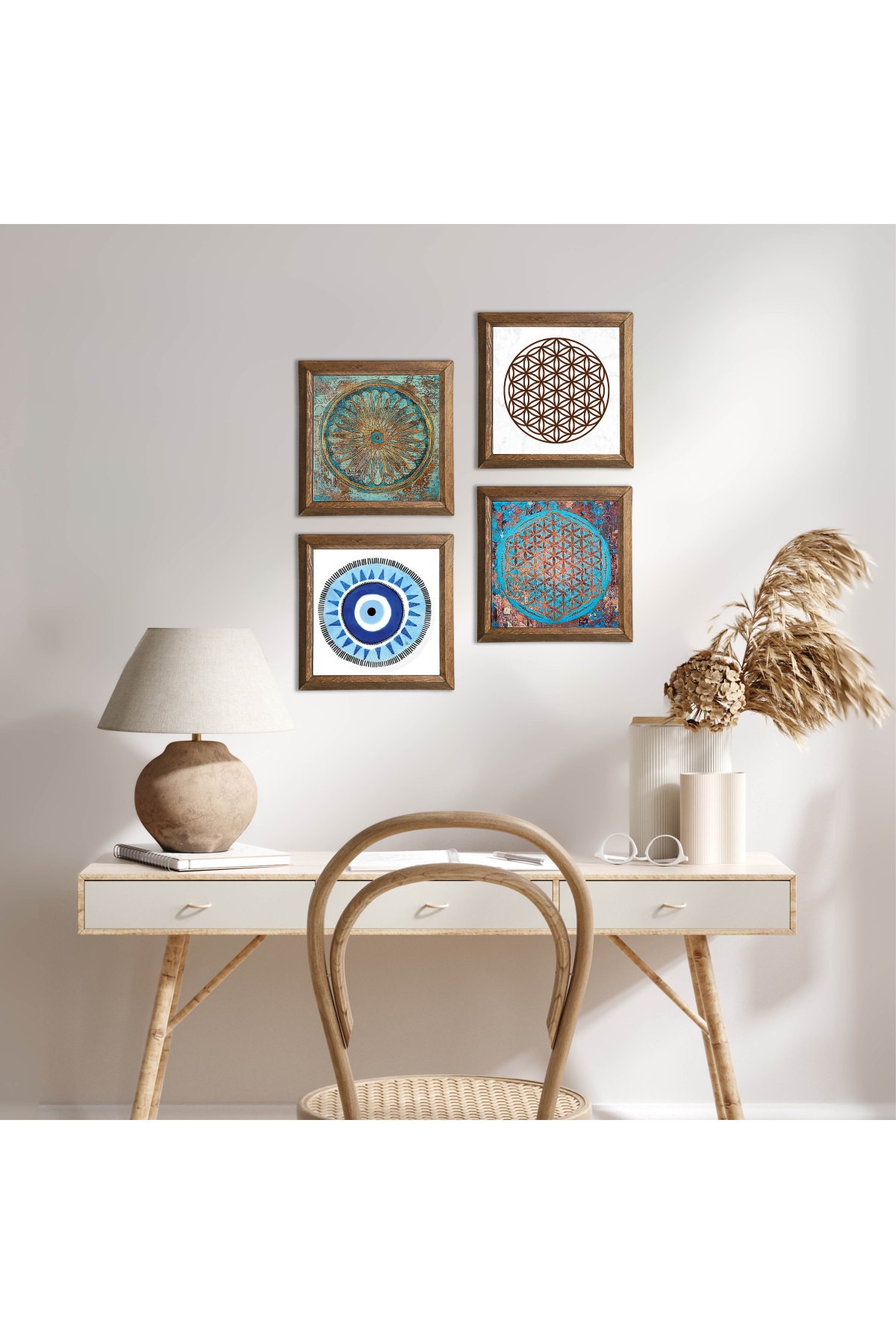 Evil Eye, Flower of Life Stone Wall Painting Wooden Framed Wall Decor 4 Piece Painting Set Wall Art