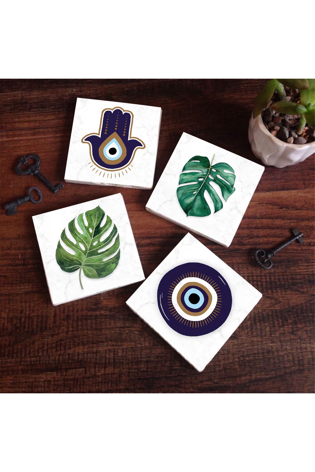 Mother of Fatma Hand (Hamsa), Evil Eye, Leaf Stone Coasters Desktop Protective Coasters 4 Piece Set 10x10cm Stone Coasters