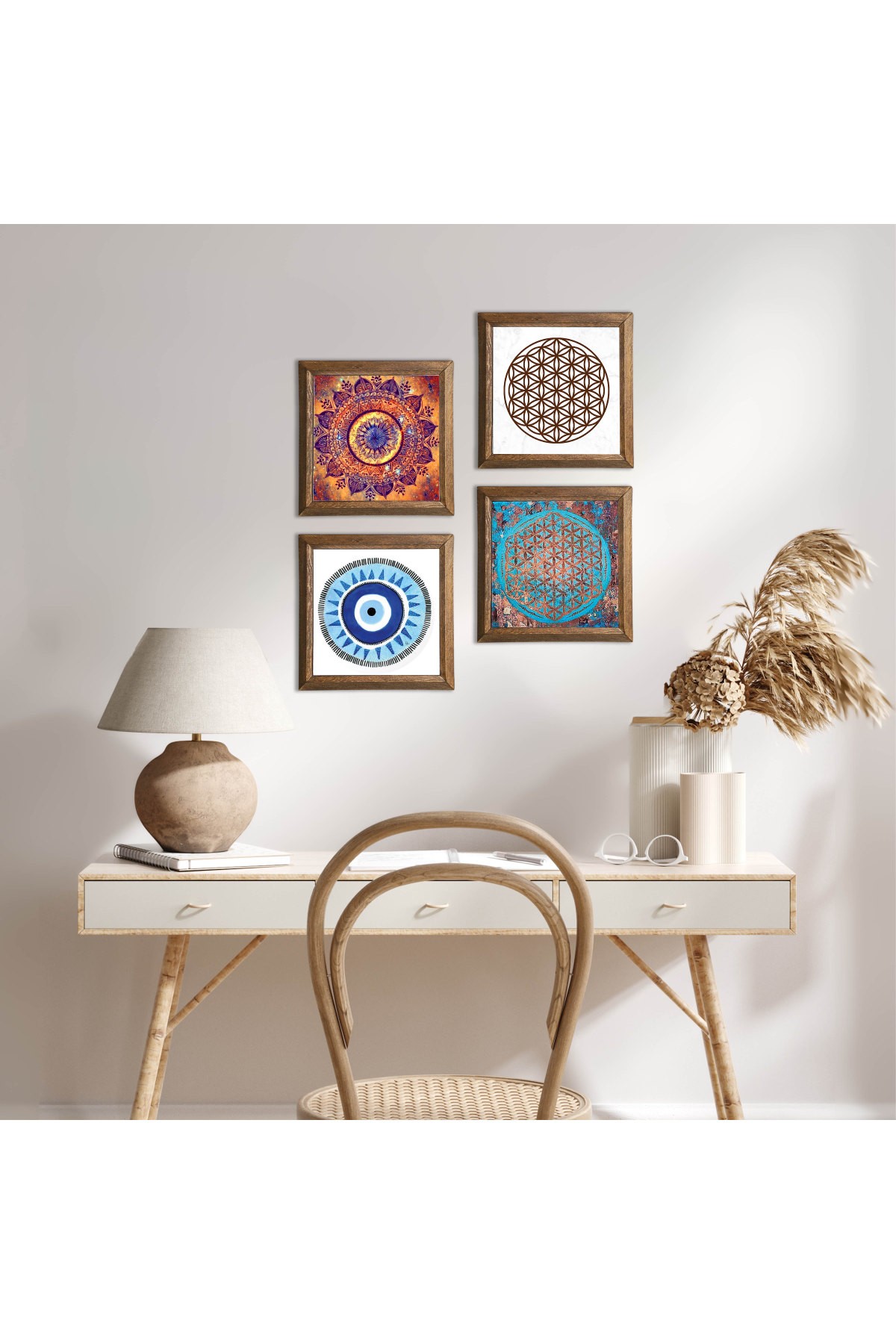 Nazar, Mandala, Yaşam Çiçeği Taş Duvar Tablosu Ahşap Çerçeveli Duvar Dekoru 4 Parça Tablo Seti Wall Art