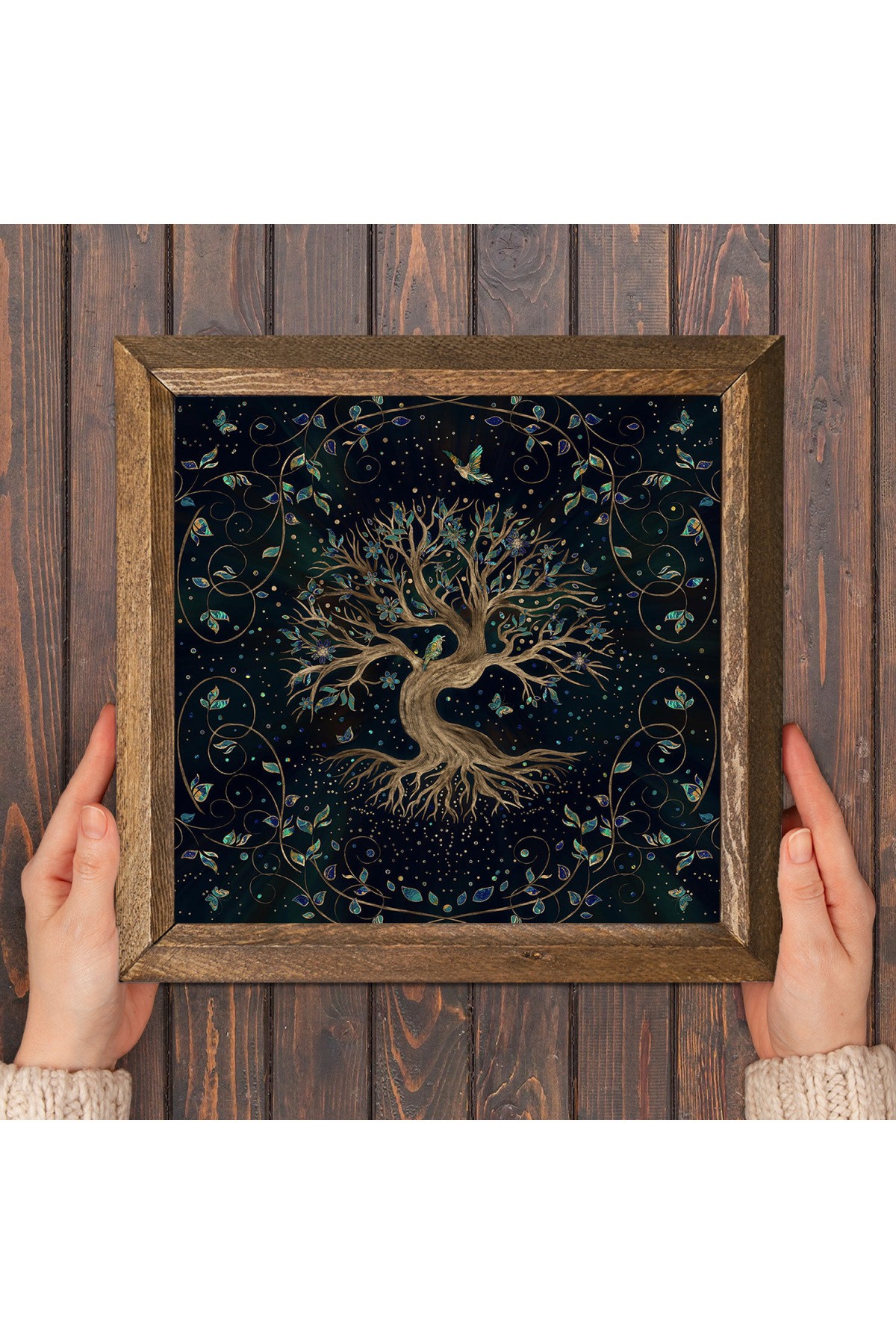 Tree of Life Stone Wall Painting Wooden Framed Wall Decor Wall Art 25x25cm