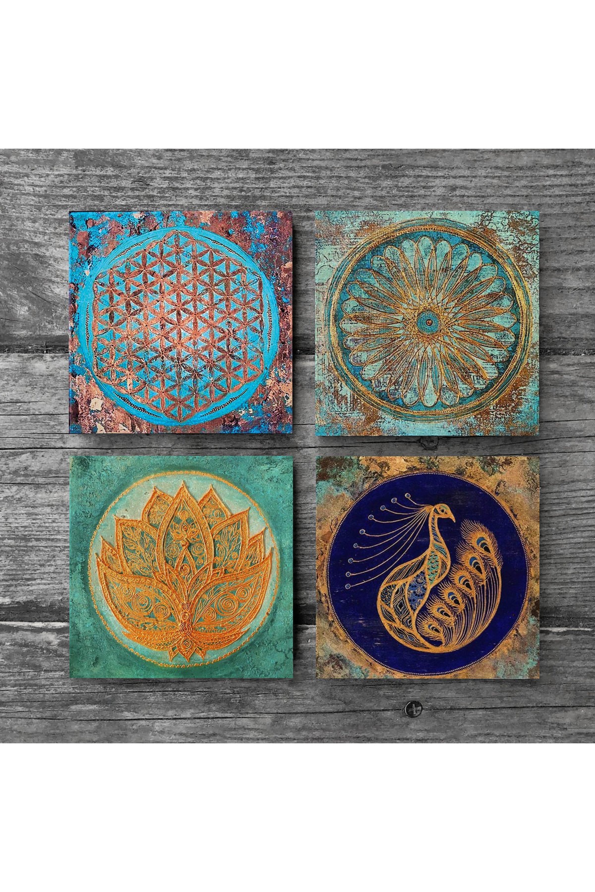 Lotus Flower, Peacock, Flower of Life Stone Coasters Desktop Protective Coasters 4 Piece Set 10x10cm Stone Coasters