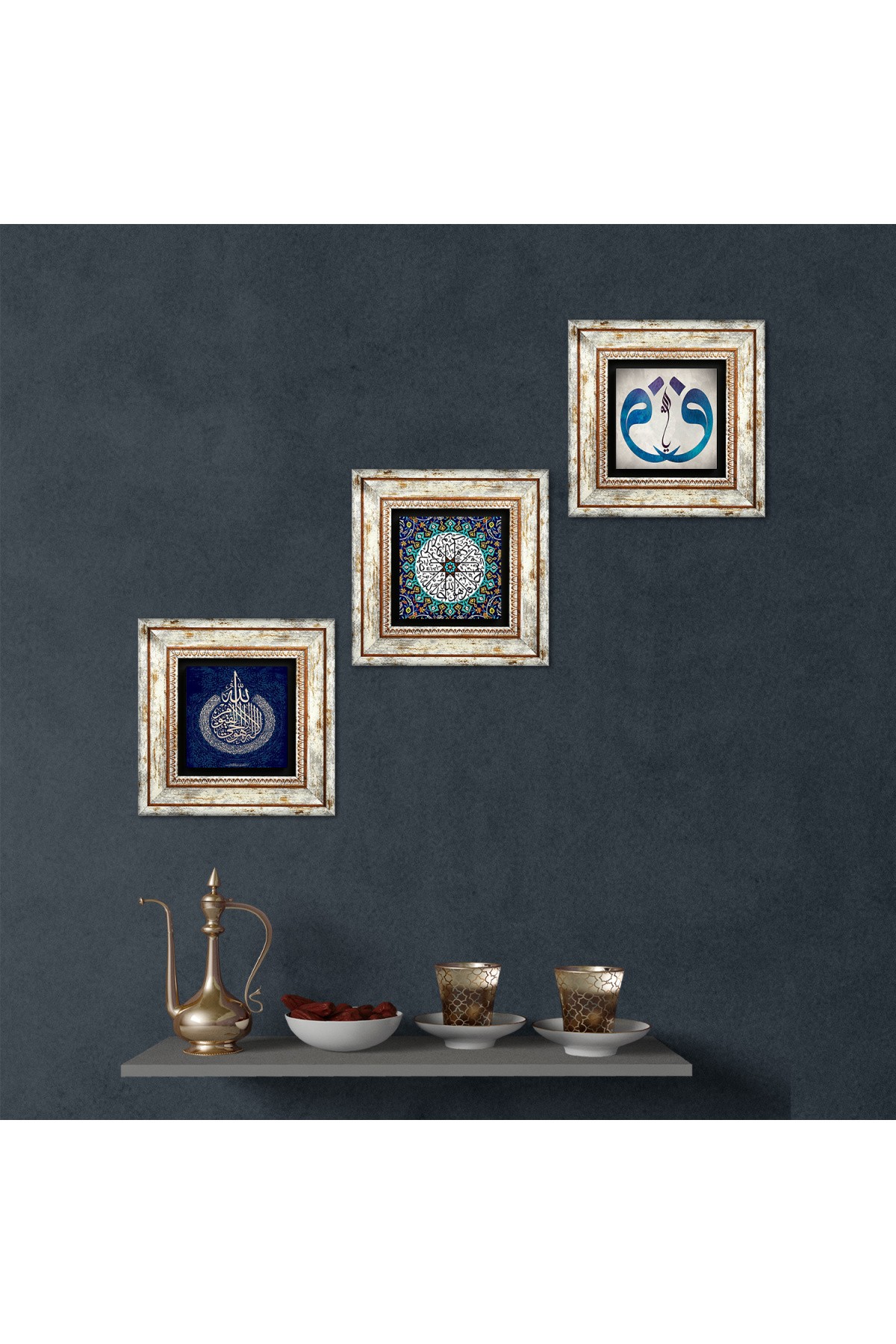 Vav, Surah Al-Ikhlas, Ayat al-Kursi Stone Wall Painting Framed Wall Decoration 3 Piece Painting Set Wall Art