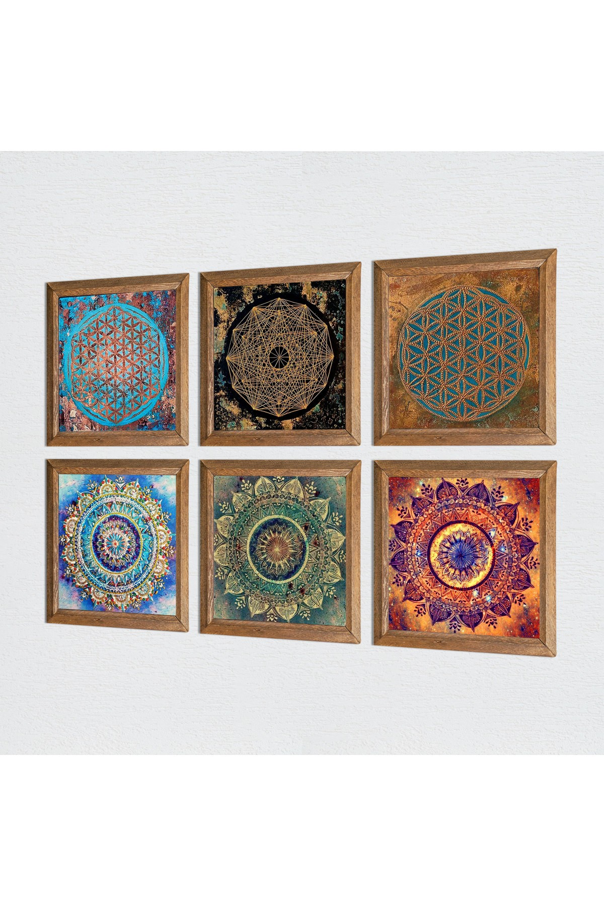 Mandala, Sri Yantra, Yaşam Çiçeği Taş Duvar Tablosu Ahşap Çerçeveli Duvar Dekoru 6 Parça Tablo Seti Wall Art