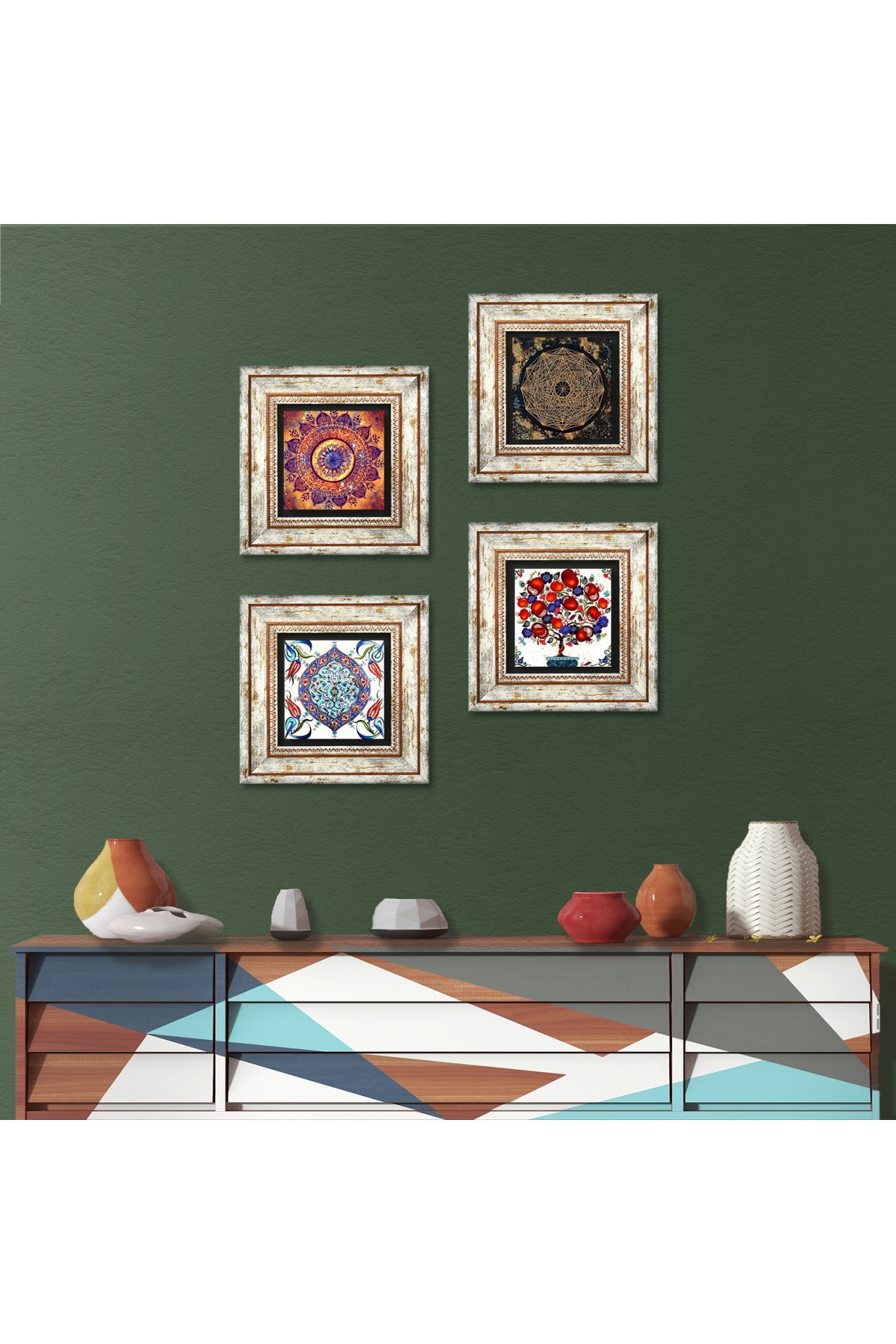 Mandala, Sri Yantra, Çini Sanatı, Nar Ağacı Taş Duvar Tablosu Çerçeveli Duvar Dekoru 4 Parça Tablo Seti Wall Art