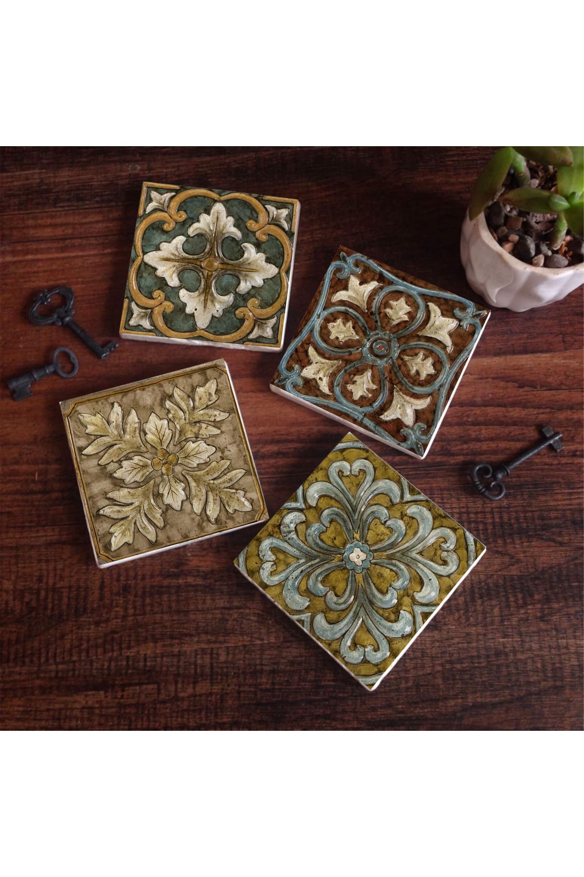 Desen Taş Bardak Altlığı Masaüstü Koruyucu Altlık 4 Parça Set 10x10cm Stone Coasters