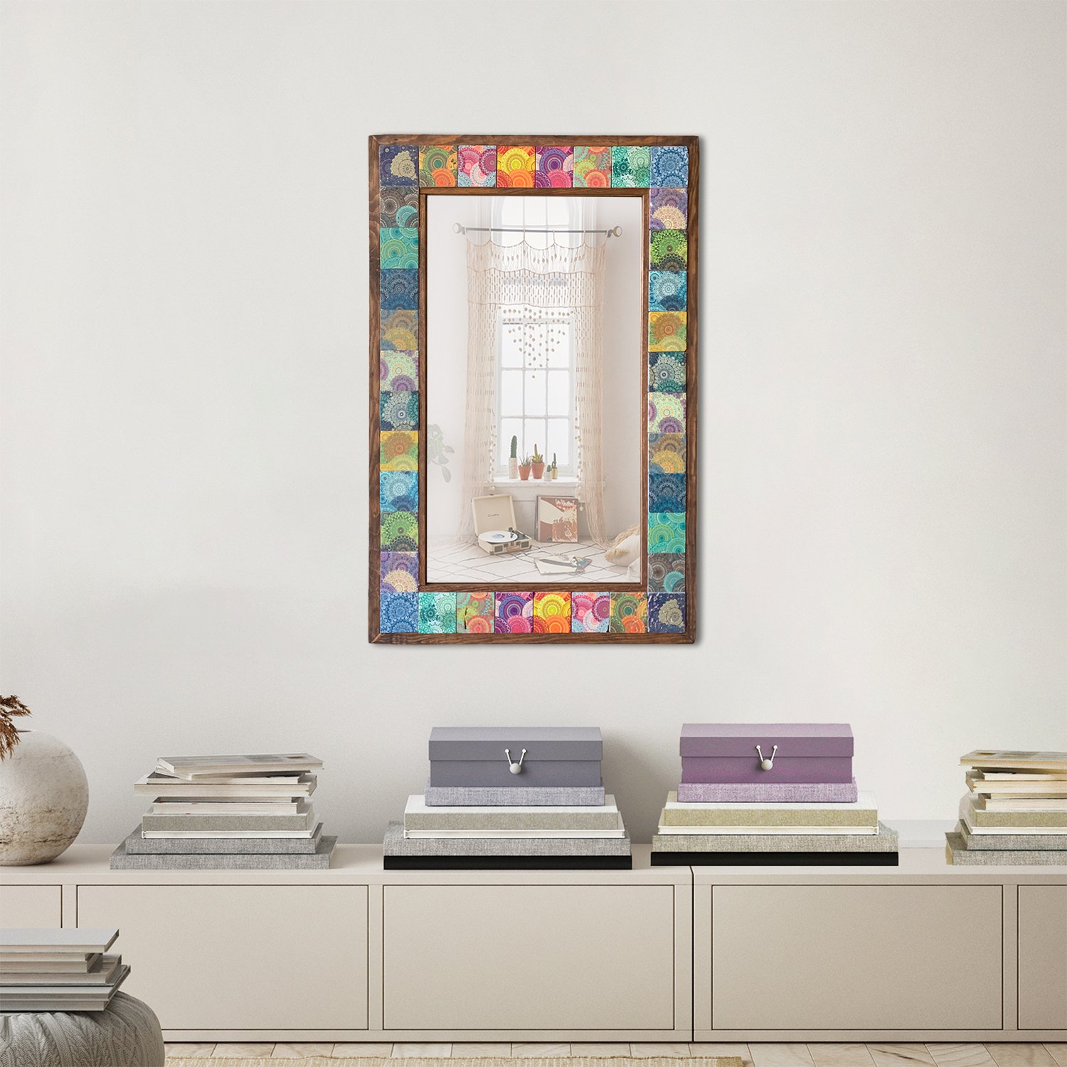 Mosaic Stone Wall Mirror, Wooden Framed Decorative Mirror, Living Room Console Full-length Mirror, Wall Mirror