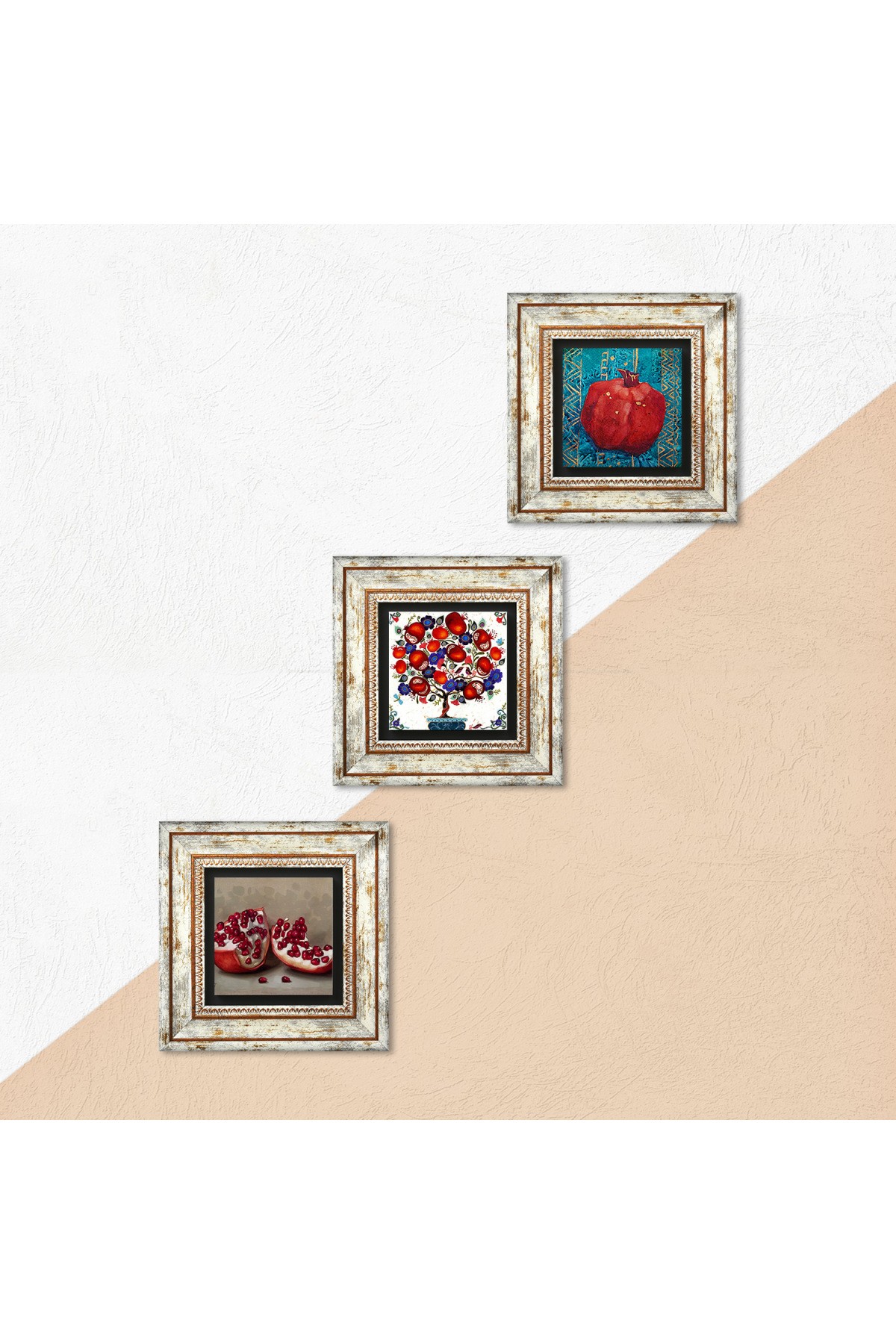 Pomegranate Tree, Pomegranate Stone Wall Painting Framed Wall Decor 3 Piece Painting Set Wall Art