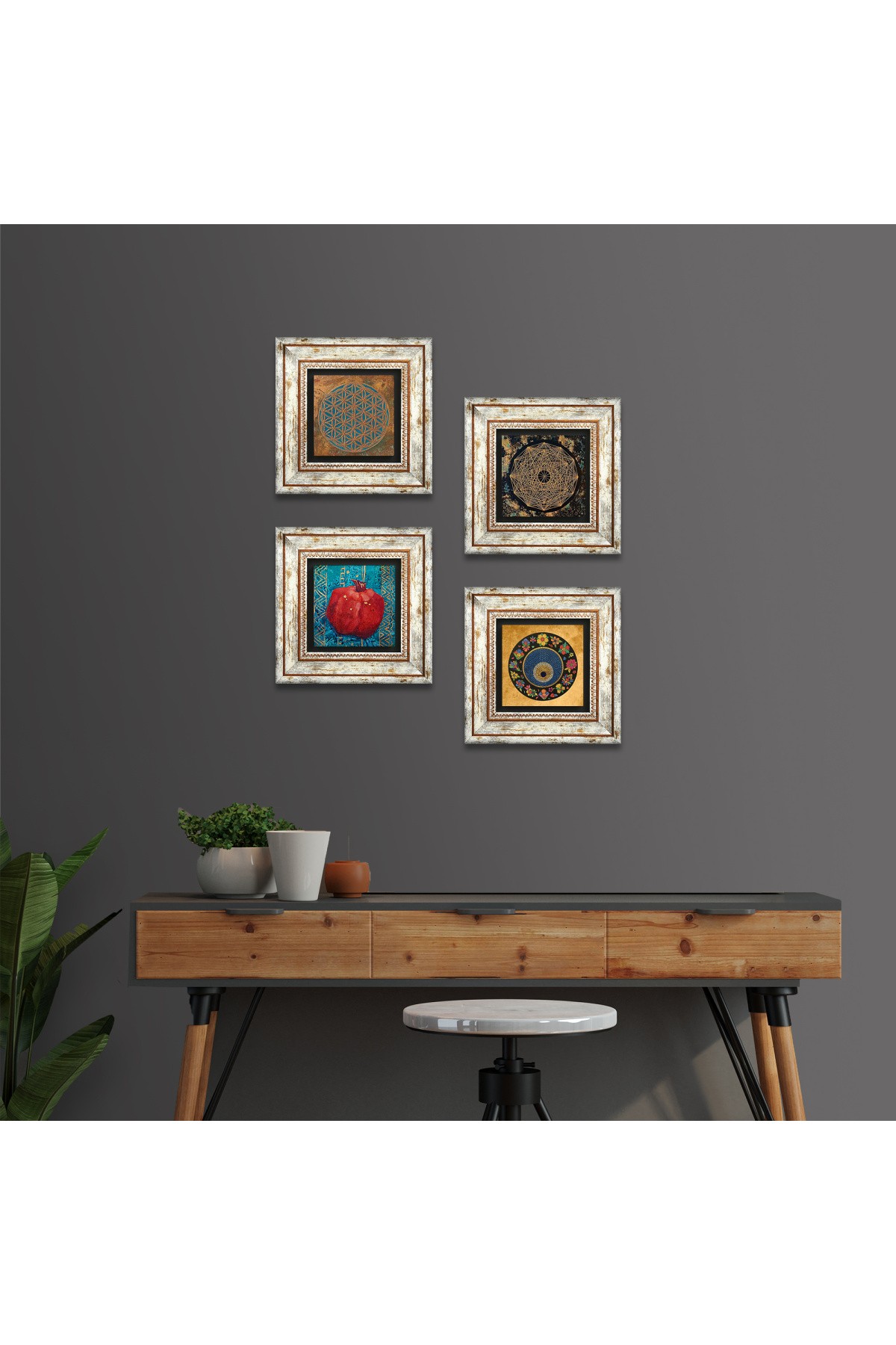 Yaşam Çiçeği, Sri Yantra, Nazar, Nar Taş Duvar Tablosu Çerçeveli Duvar Dekoru 4 Parça Tablo Seti Wall Art