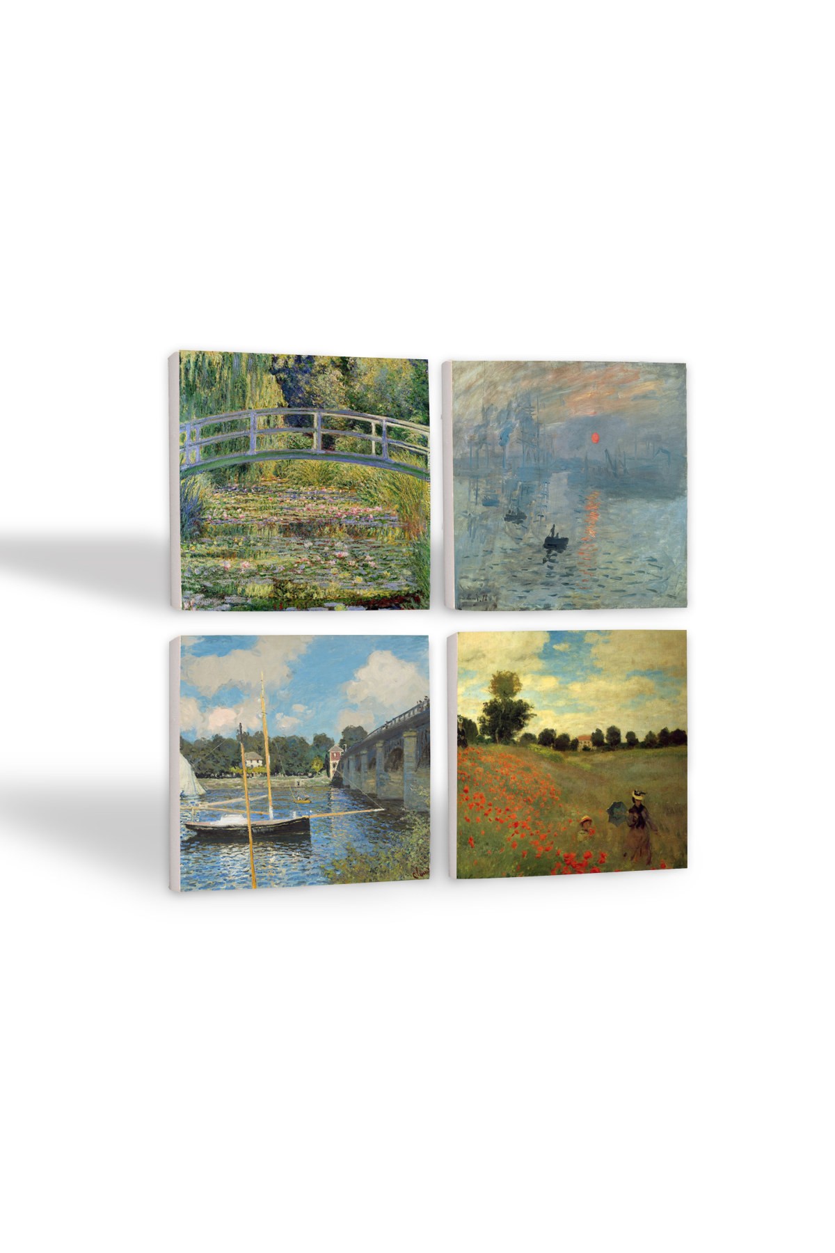 Claude Monet Argenteuil'de Köprü, Gelincikler, İzlenim Gün Doğumu, Nilüfer Gölü Taş Bardak Altlığı Masaüstü Koruyucu Altlık 4 Parça Set 10x10cm Stone Coasters