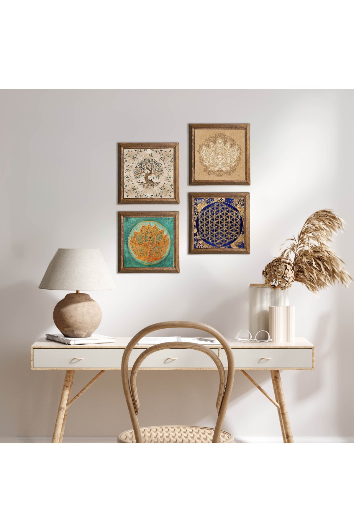 Lotus Çiçeği, Yaşam Çiçeği, Hayat Ağacı Taş Duvar Tablosu Ahşap Çerçeveli Duvar Dekoru 4 Parça Tablo Seti Wall Art