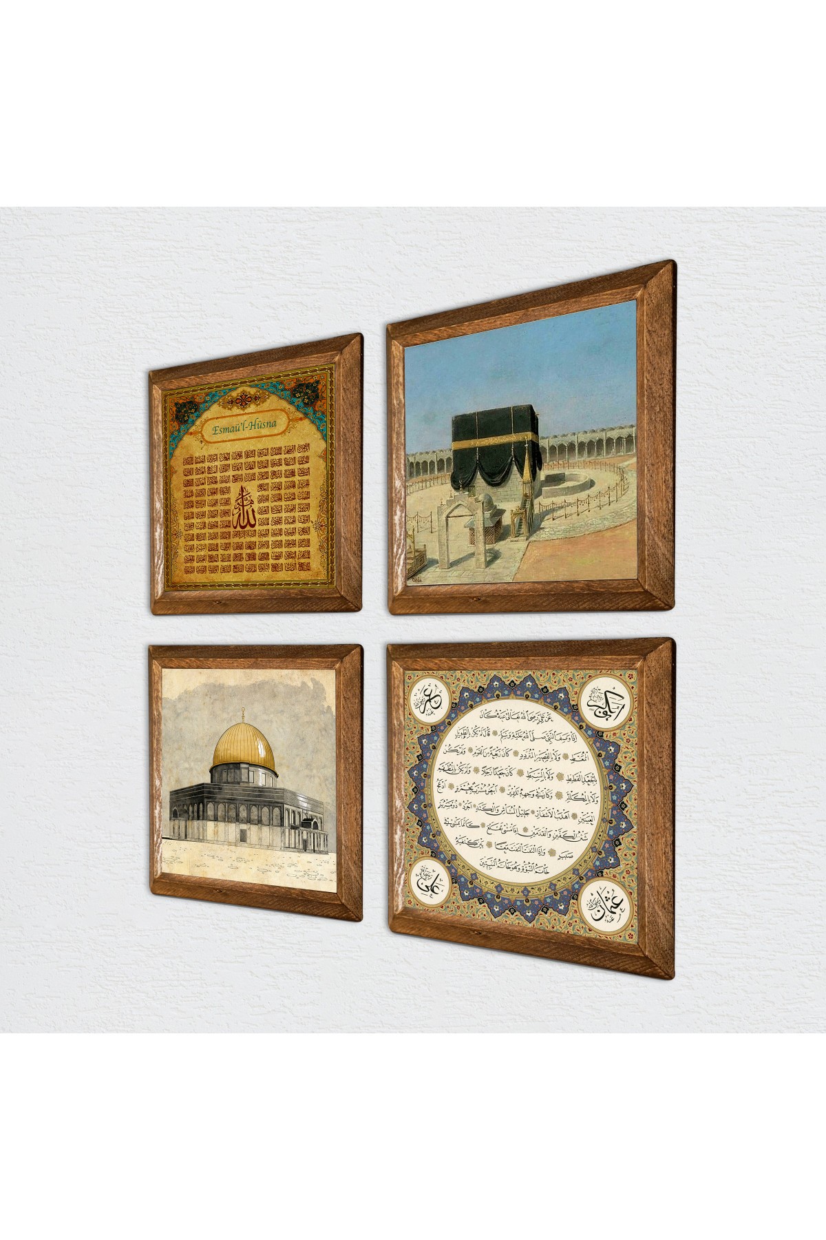 Kaaba-i Muazzama, Masjid al-Aqsa, Asma'ul Husna, Hilye-i Sharif Stone Wall Painting Wooden Framed Wall Decoration 4 Piece Painting Set Wall Art