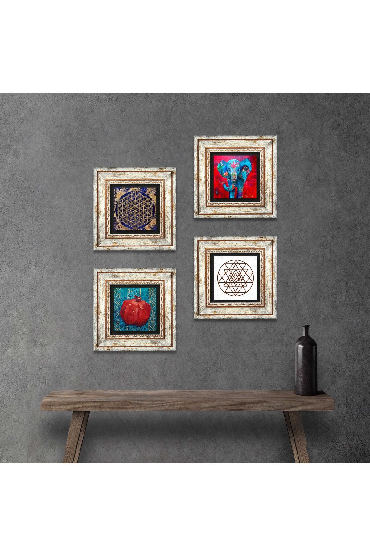 Fil, Sri Yantra, Yaşam Çiçeği, Nar Taş Duvar Tablosu Çerçeveli Duvar Dekoru 4 Parça Tablo Seti Wall Art