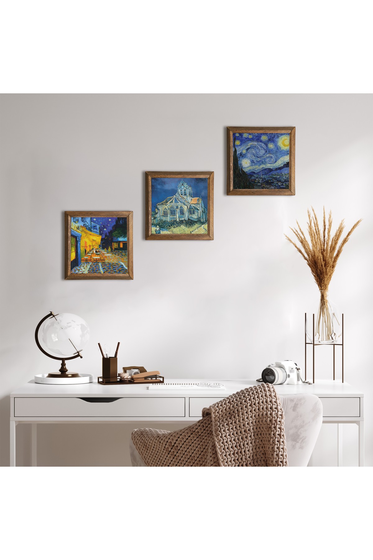 Van Gogh Church, Night on the Cafe Terrace, Starry Night Stone Wall Painting Wooden Framed Wall Decor 3 Piece Painting Set Wall Art