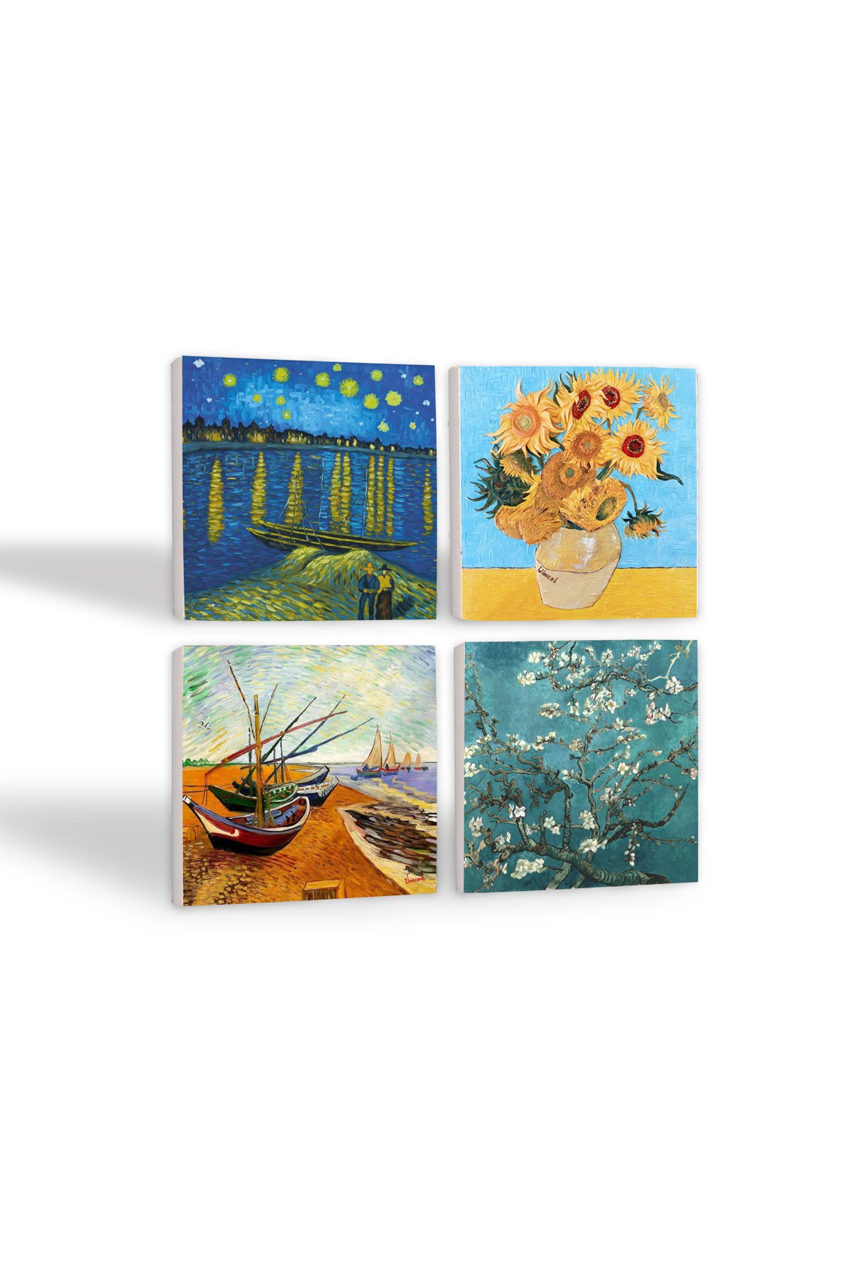 Van Gogh Ren Nehri, Balıkçı Tekneleri, On İki Ayçiçekli Vazo, Badem Ağacı Taş Bardak Altlığı Masaüstü Koruyucu Altlık 4 Parça Set 10x10cm Stone Coasters