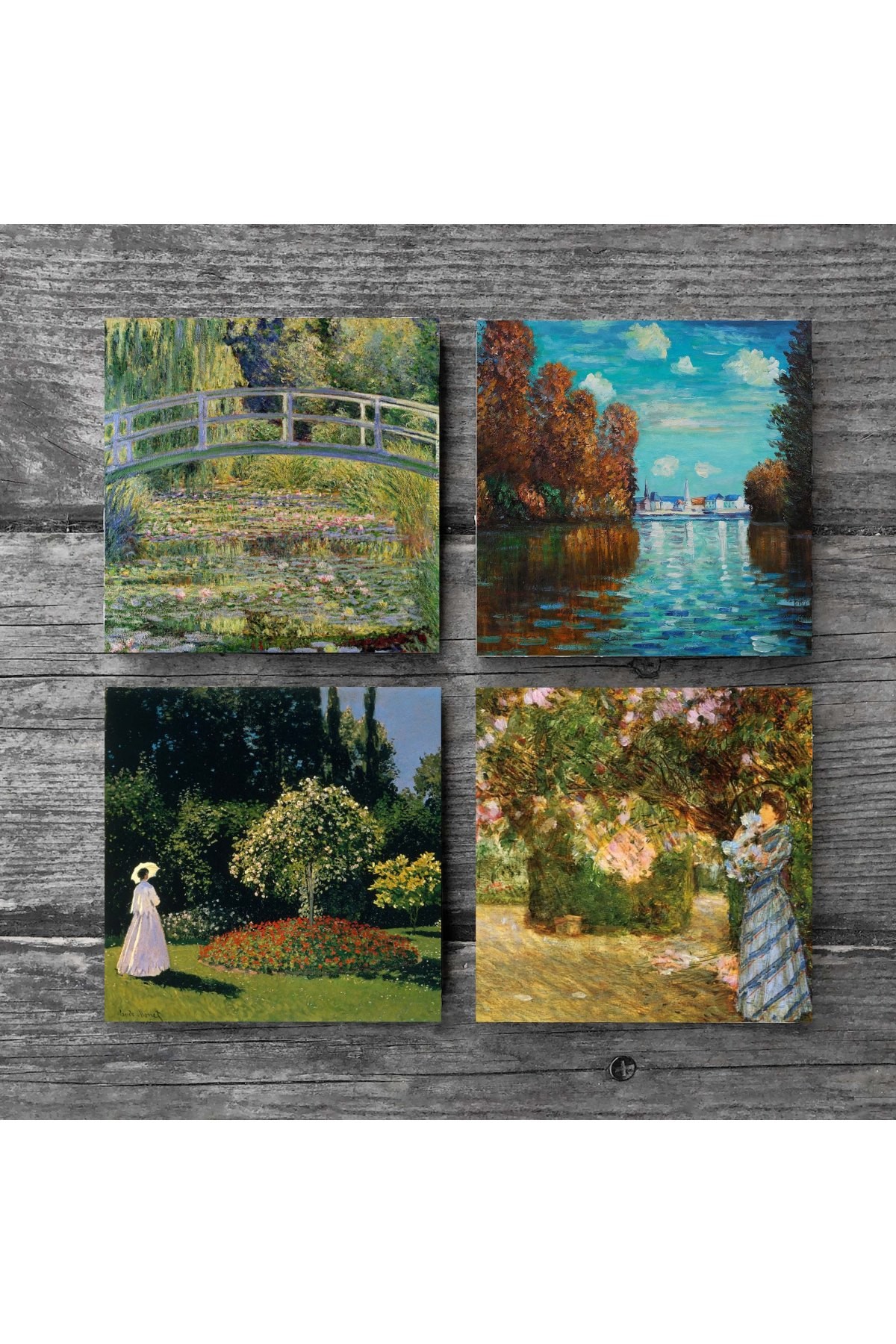 Claude Monet Sonbahar, Bahçede, Bahçedeki Kadın, Nilüfer Gölü Taş Bardak Altlığı Masaüstü Koruyucu Altlık 4 Parça Set 10x10cm Stone Coasters