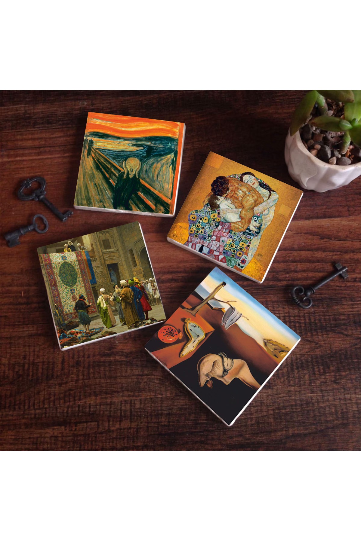 Dalí The Persistence of Memory, The Scream, Gustav Klimt Family Embrace, Göreme Carpet Merchant Stone Coasters Desktop Protective Coasters 4 Piece Set 10x10cm Stone Coasters