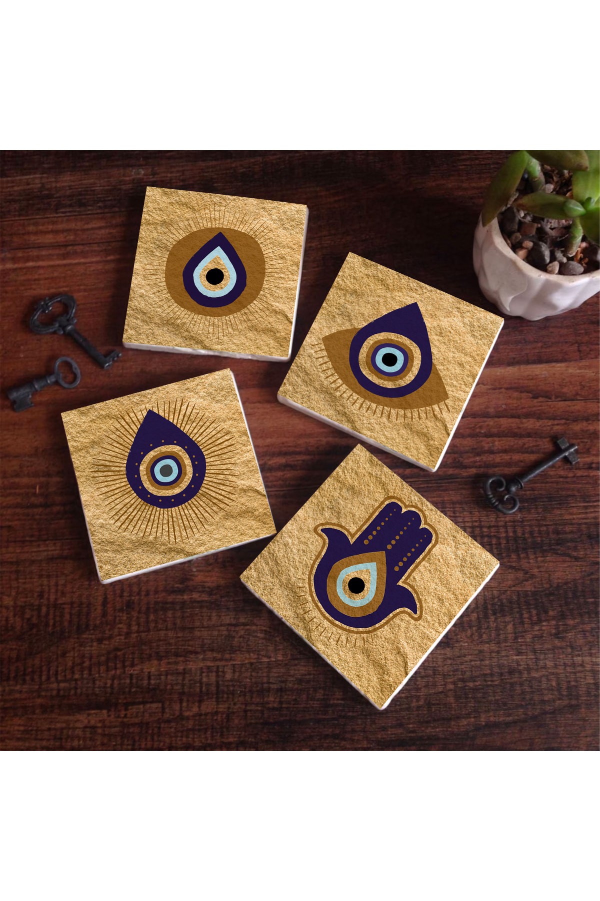 Fatma Ana Eli (Hamsa), Nazar Taş Bardak Altlığı Masaüstü Koruyucu Altlık 4 Parça Set 10x10cm Stone Coasters