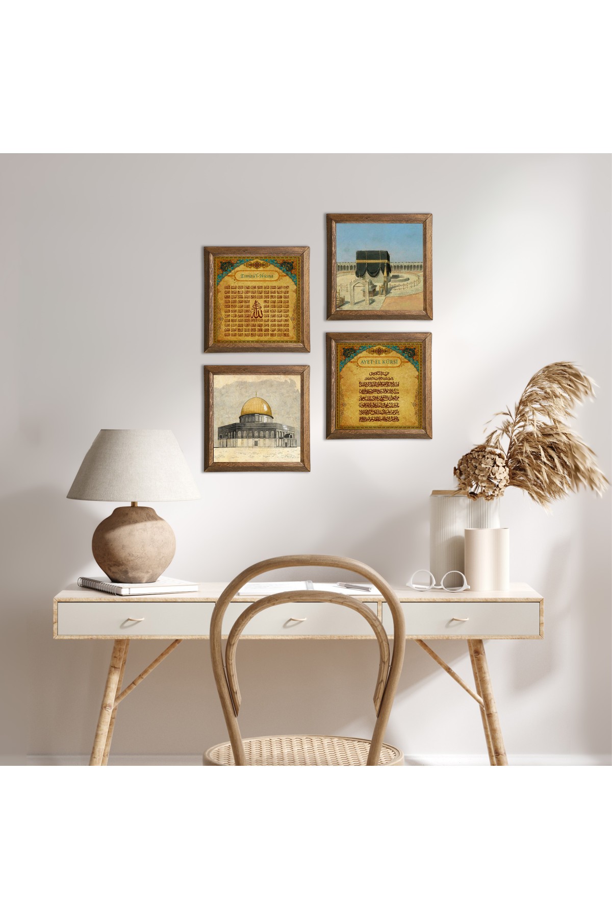 Kaaba-i Muazzama, Masjid al-Aqsa, Ayat al-Kursi, Esma'ul Husna Stone Wall Painting Wooden Framed Wall Decoration 4 Piece Painting Set Wall Art