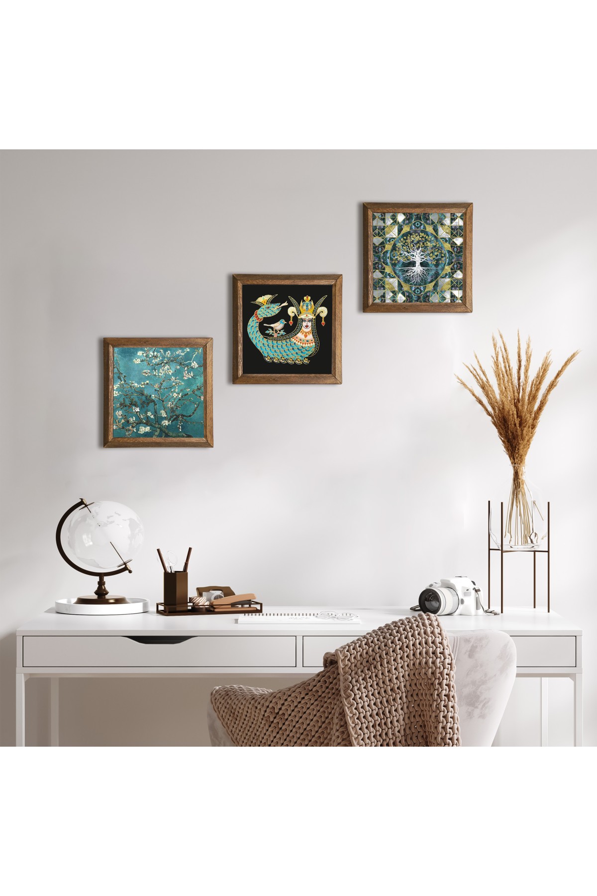 Tree of Life, Van Gogh Almond Tree, Shahmaran Stone Wall Painting Wooden Framed Wall Decor 3 Piece Painting Set Wall Art