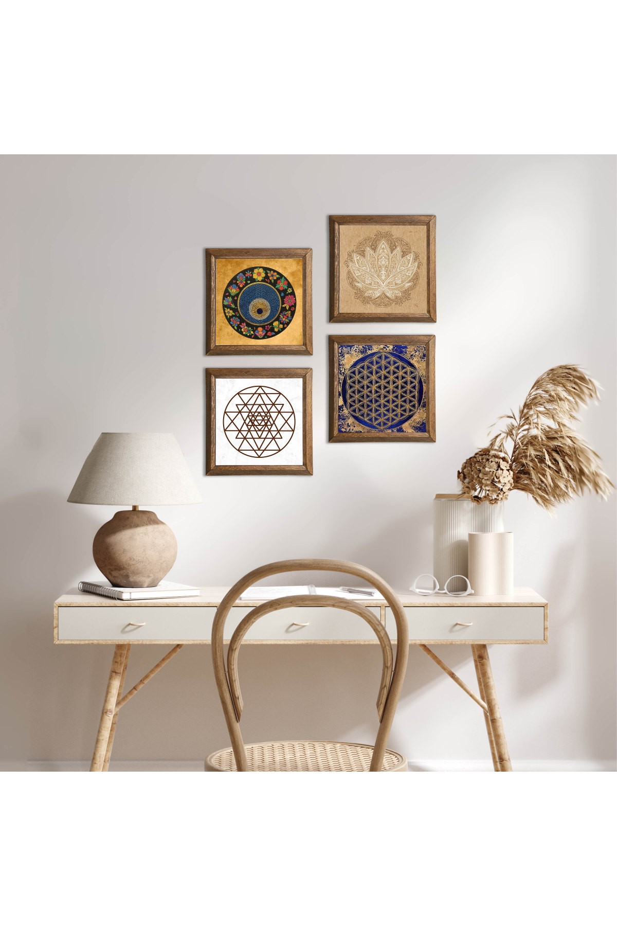 Lotus Çiçeği, Sri Yantra, Yaşam Çiçeği, Nazar Taş Duvar Tablosu Ahşap Çerçeveli Duvar Dekoru 4 Parça Tablo Seti Wall Art